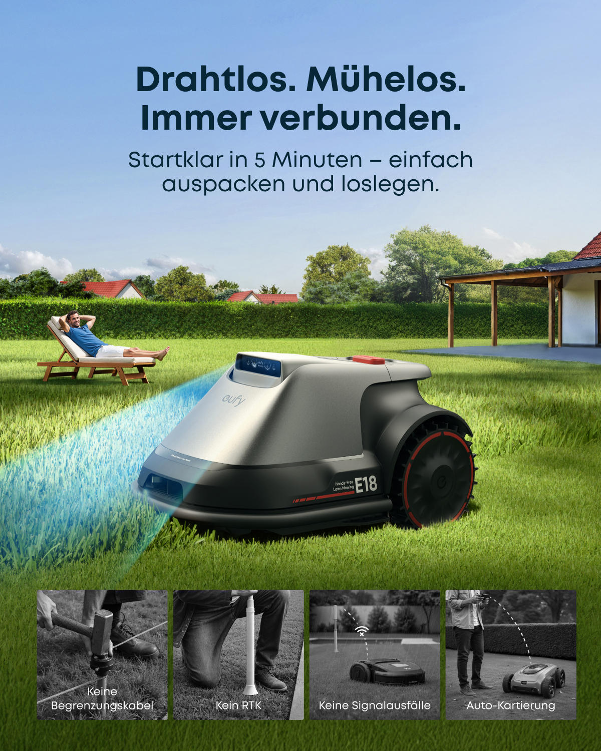 Ein Mähroboter auf grünem Rasen, im Hintergrund ein entspannter Mann auf einer Liege und Text.