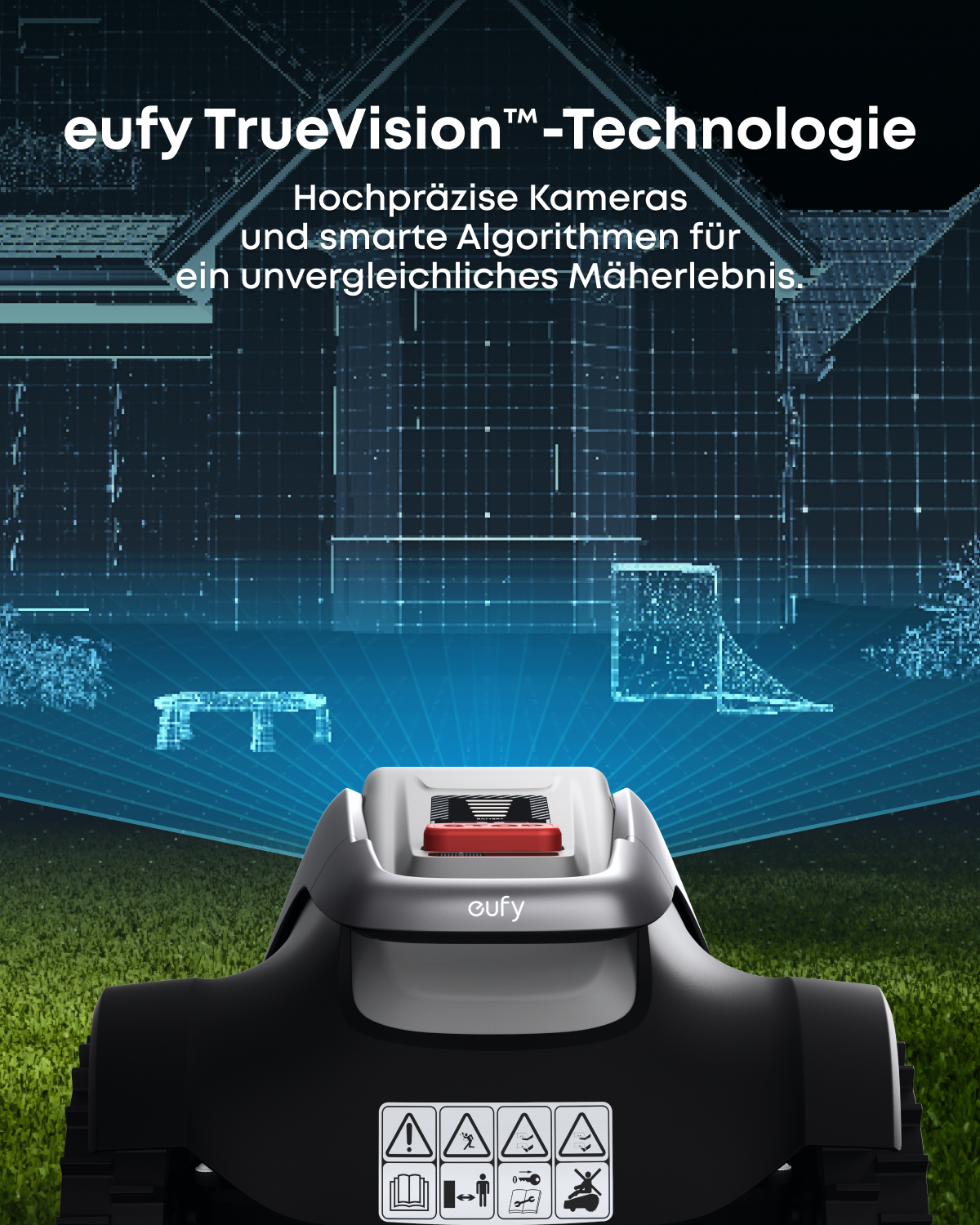 Eufy Mähroboter auf Rasen mit digitaler Scan-Technologie und Text darüber.