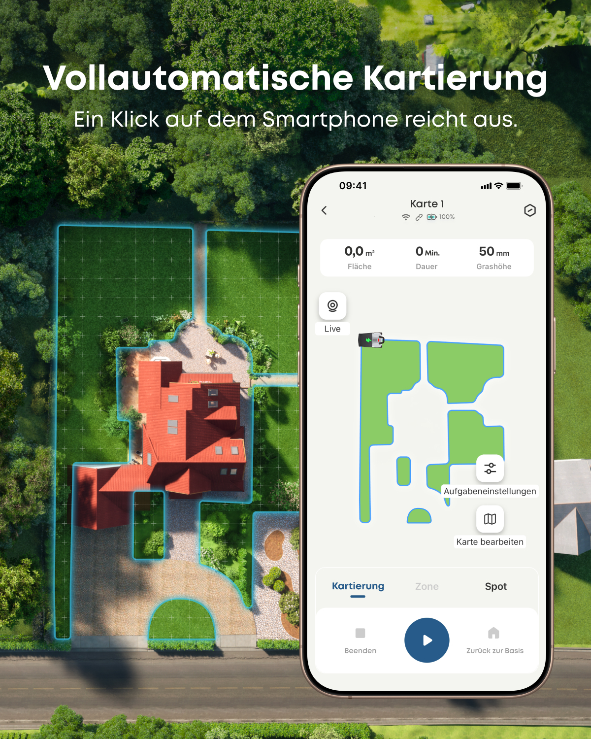 Smartphone mit Mäh-App zeigt eine Gartenkarte über einem Luftbild eines Hauses.