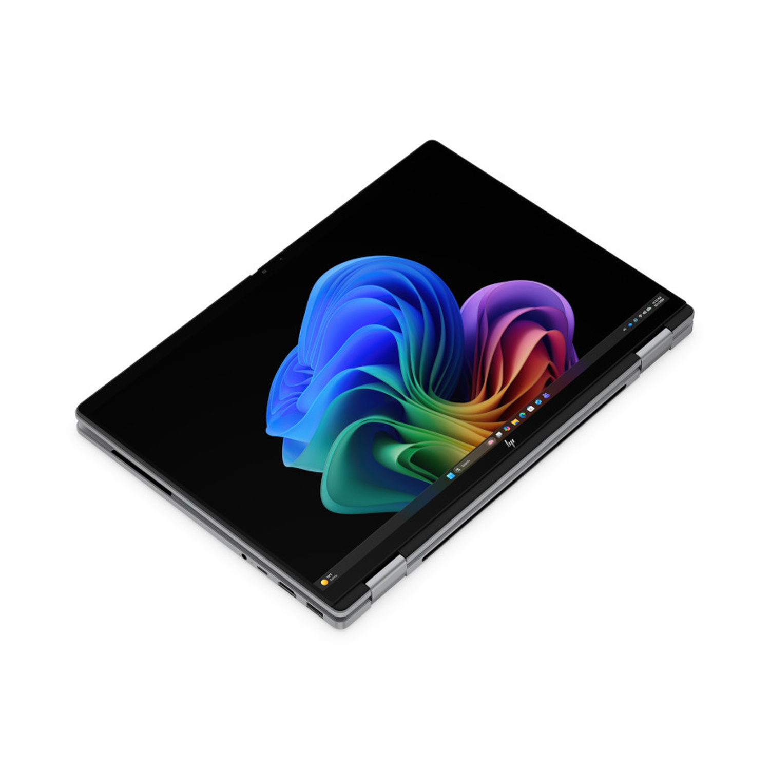 Un elegante laptop convertibile in modalità tablet con uno sfondo astratto vivace e colorato sullo schermo.