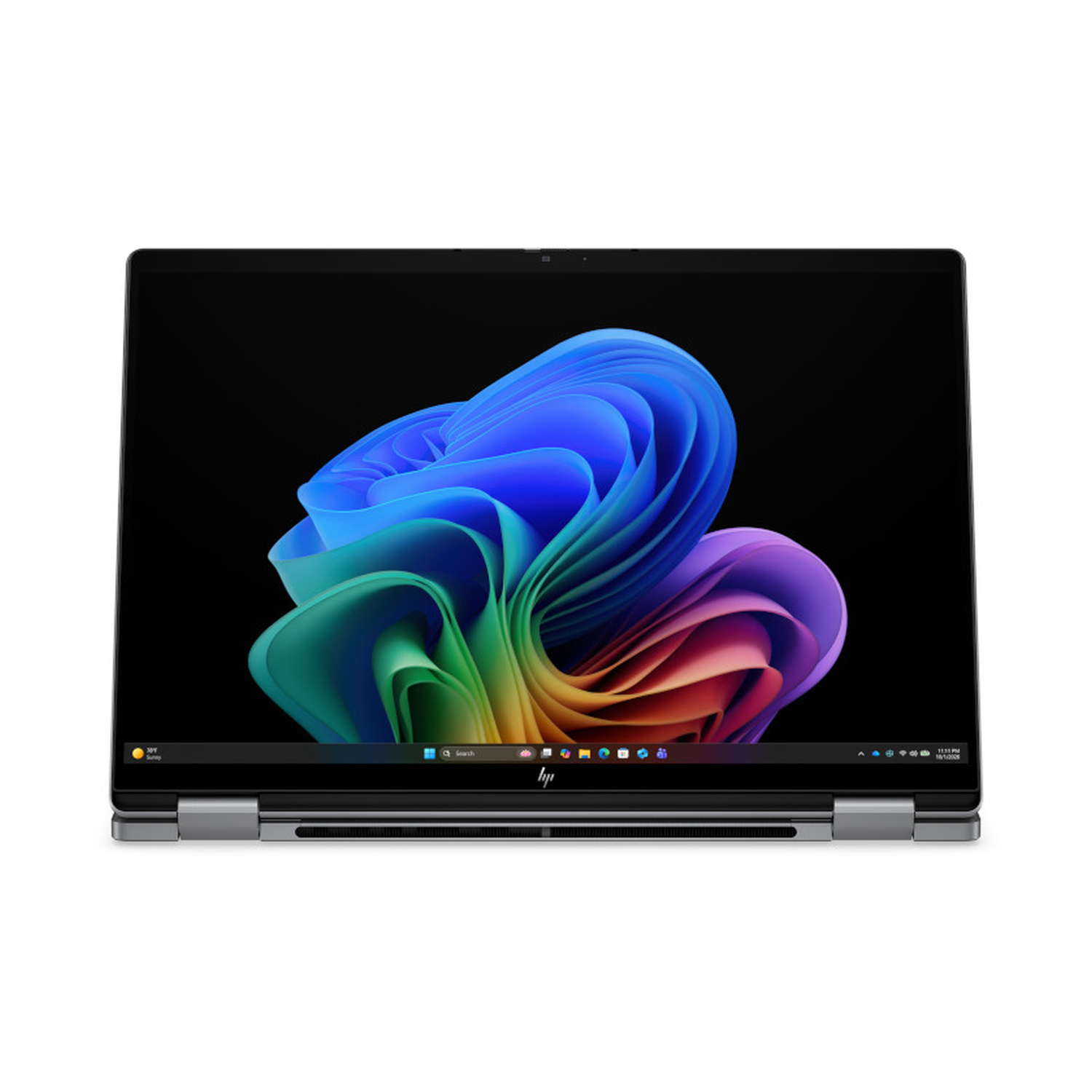 Un laptop HP aperto mostra uno sfondo astratto blu, verde e viola su uno sfondo bianco.