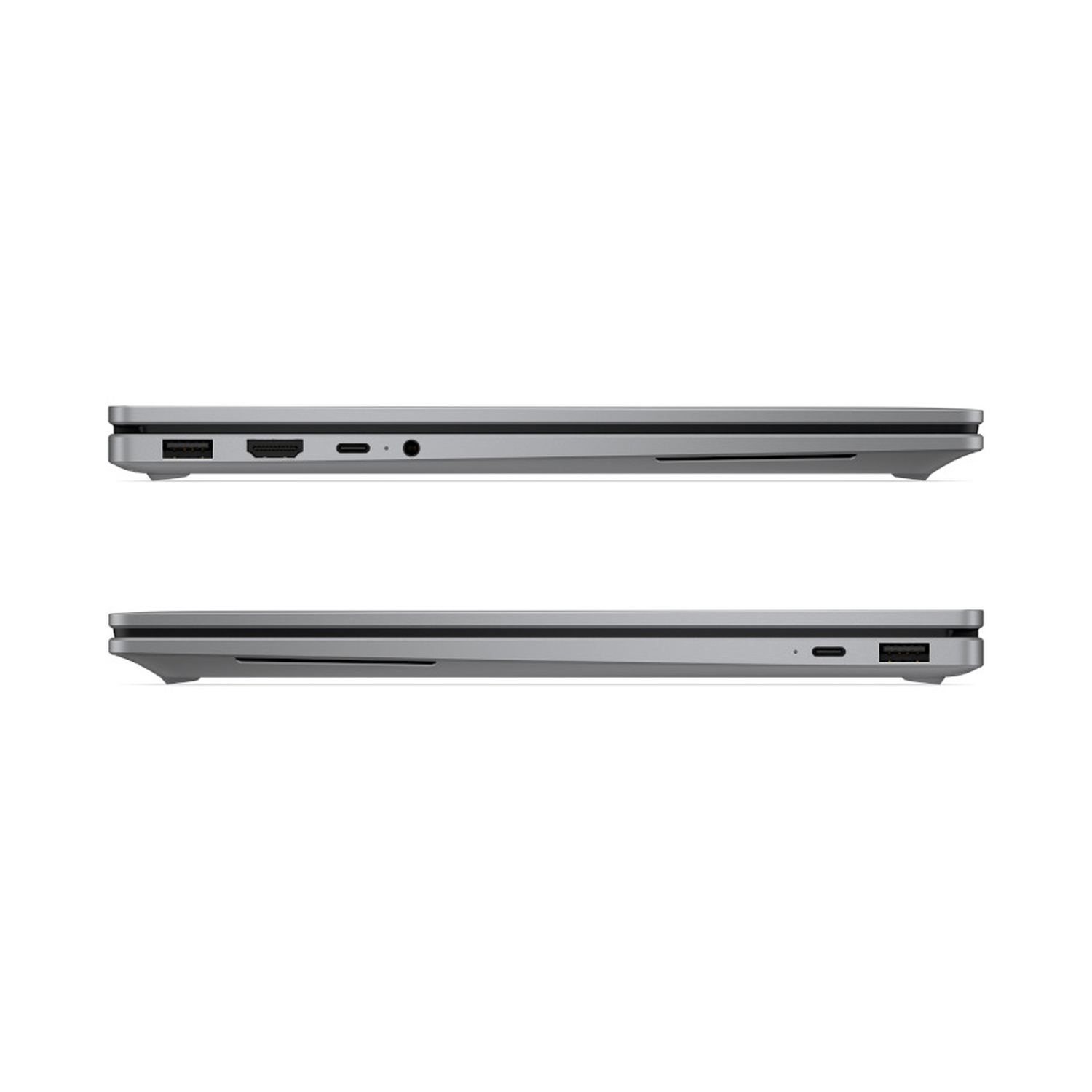 Vista laterale di un laptop argento con varie porte.