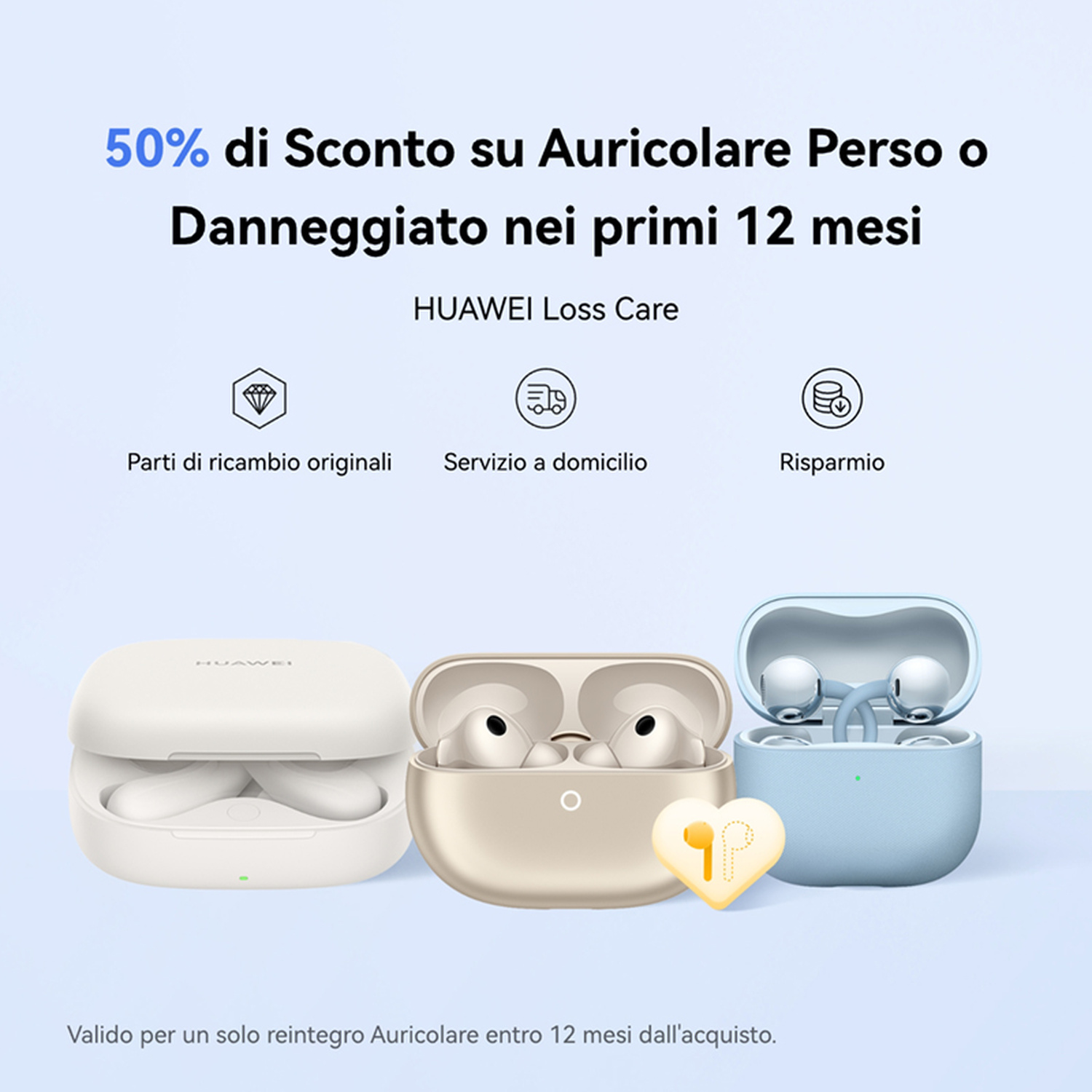 Promo Huawei Loss Care con sconto del 50% su auricolari persi o danneggiati, con tre custodie e icone.