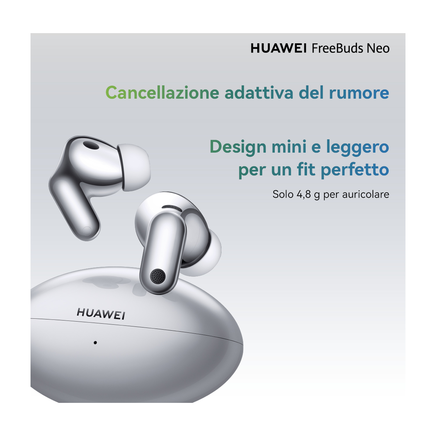 Auricolari argentati Huawei FreeBuds Neo con custodia di ricarica e testo promozionale su sfondo grigio.