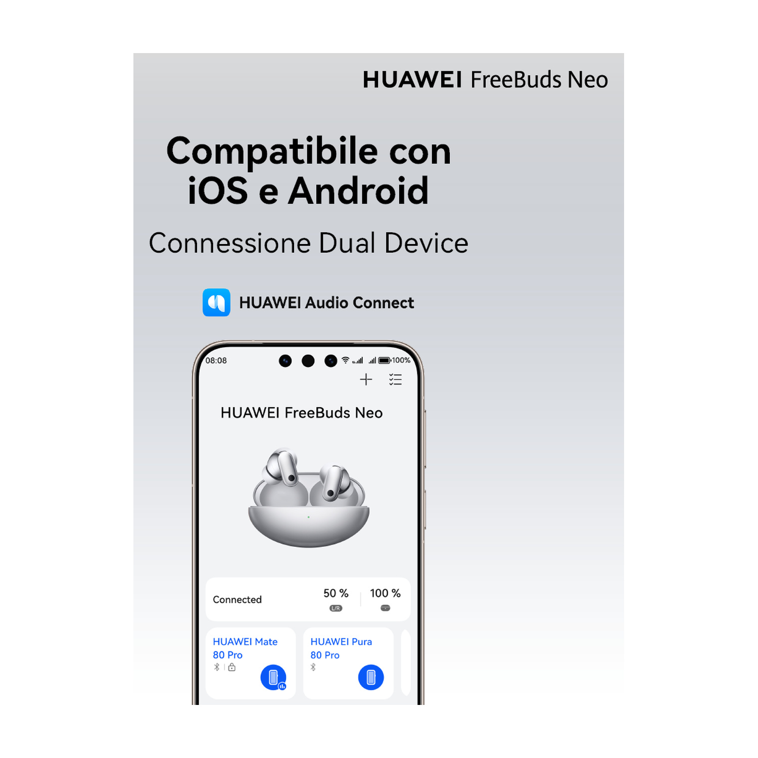 Smartphone con app Huawei FreeBuds Neo che mostra la connessione a due dispositivi.