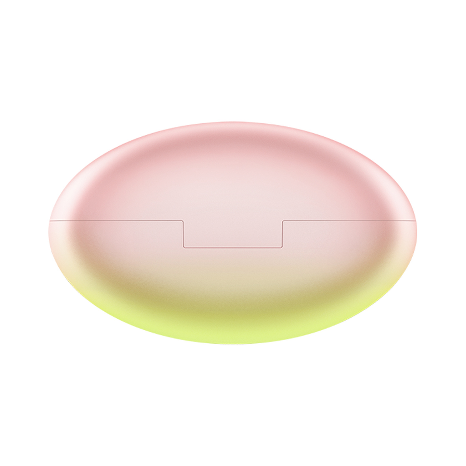 Astuccio cosmetico ovale con sfumatura rosa e gialla tenue, isolato su sfondo bianco.