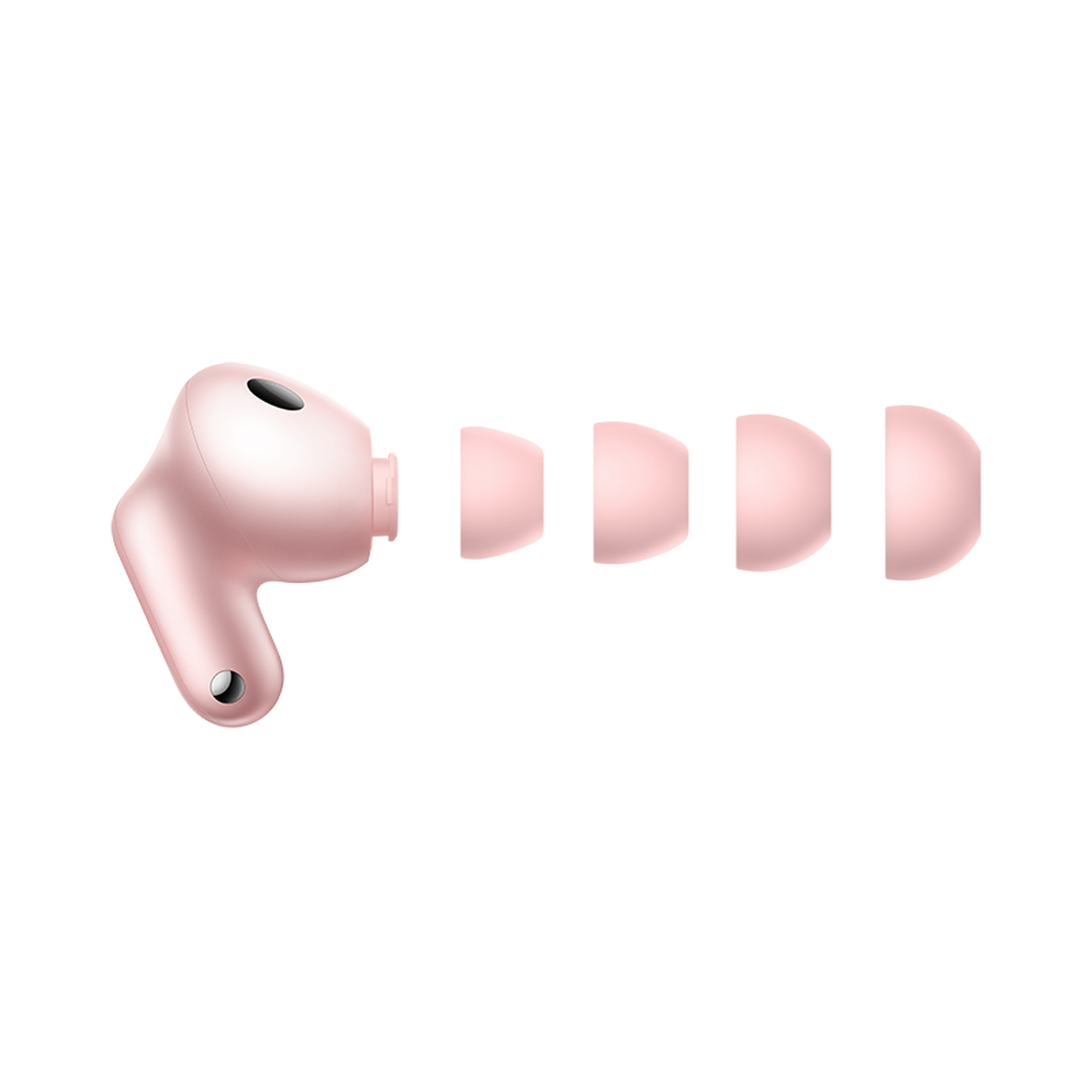 Auricolare wireless rosa con quattro diverse misure di cuscinetti in silicone allineati.