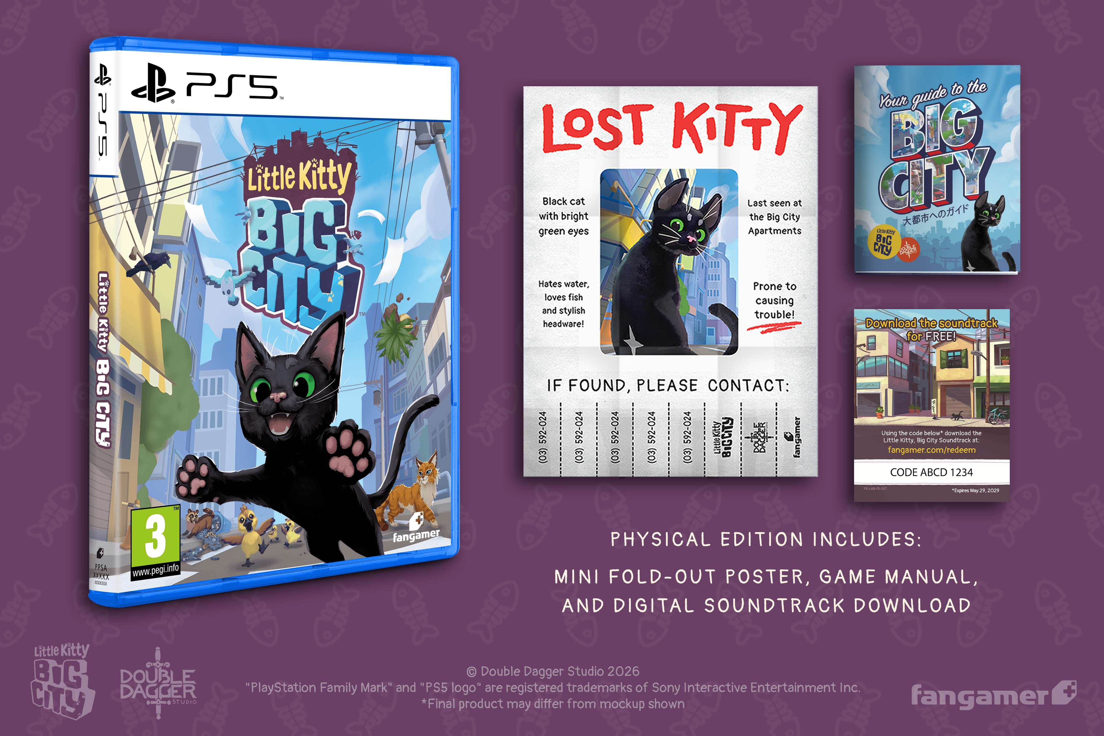Little Kitty Big City PlayStation 5 játék fizikai kiadás poszterrel és zenei albummal.