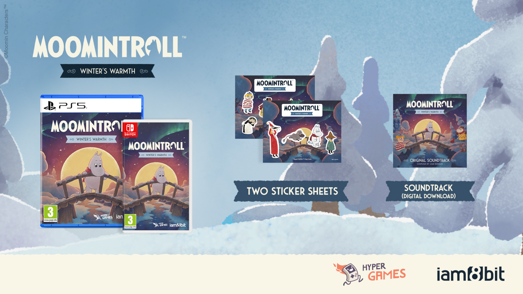 Moomintroll Winter's Warmth fizikai kiadás matricákkal és digitális zeneével havas háttér előtt.
