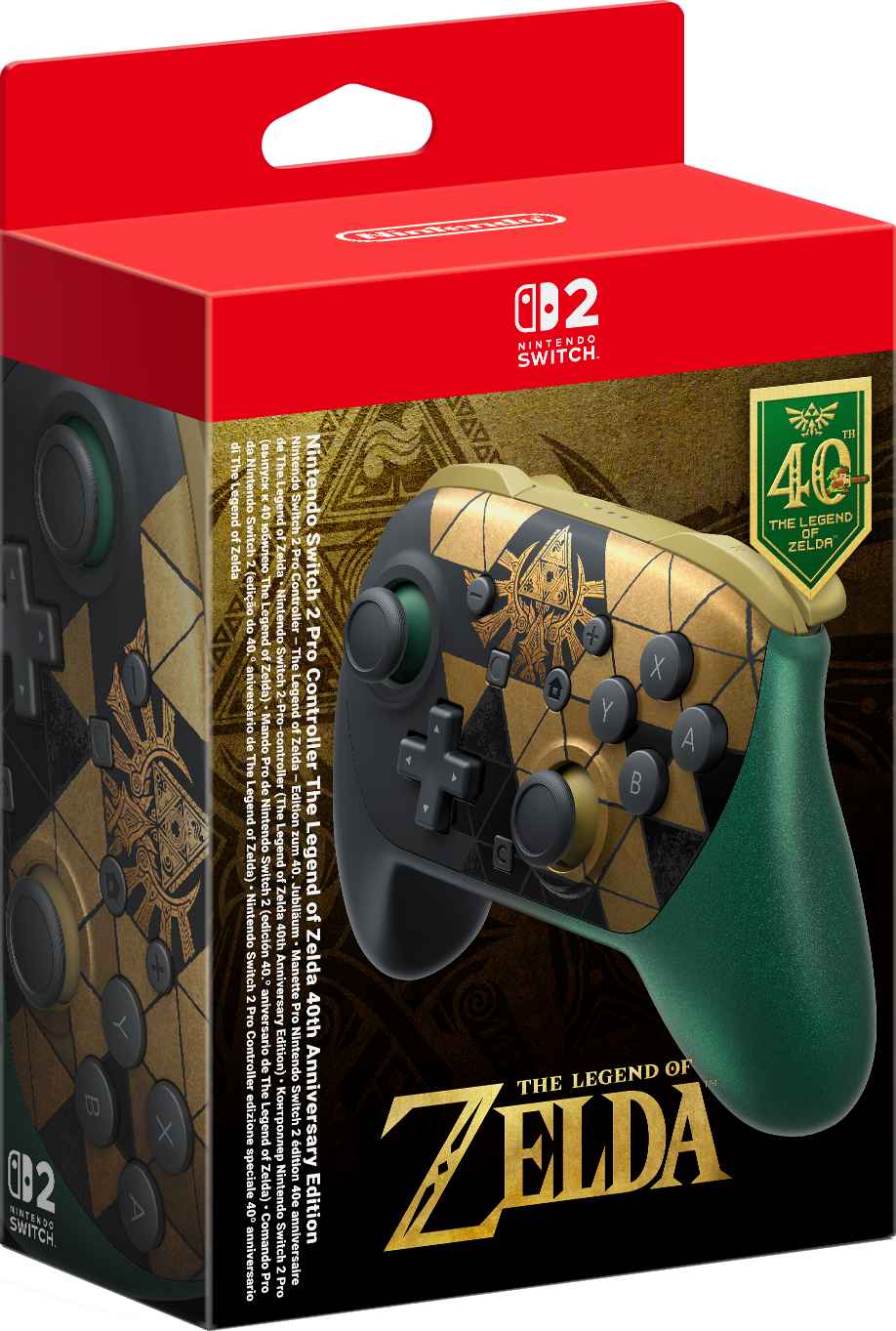 Nintendo Switch 2 Pro Controller im The Legend of Zelda Design in seiner Verpackung.