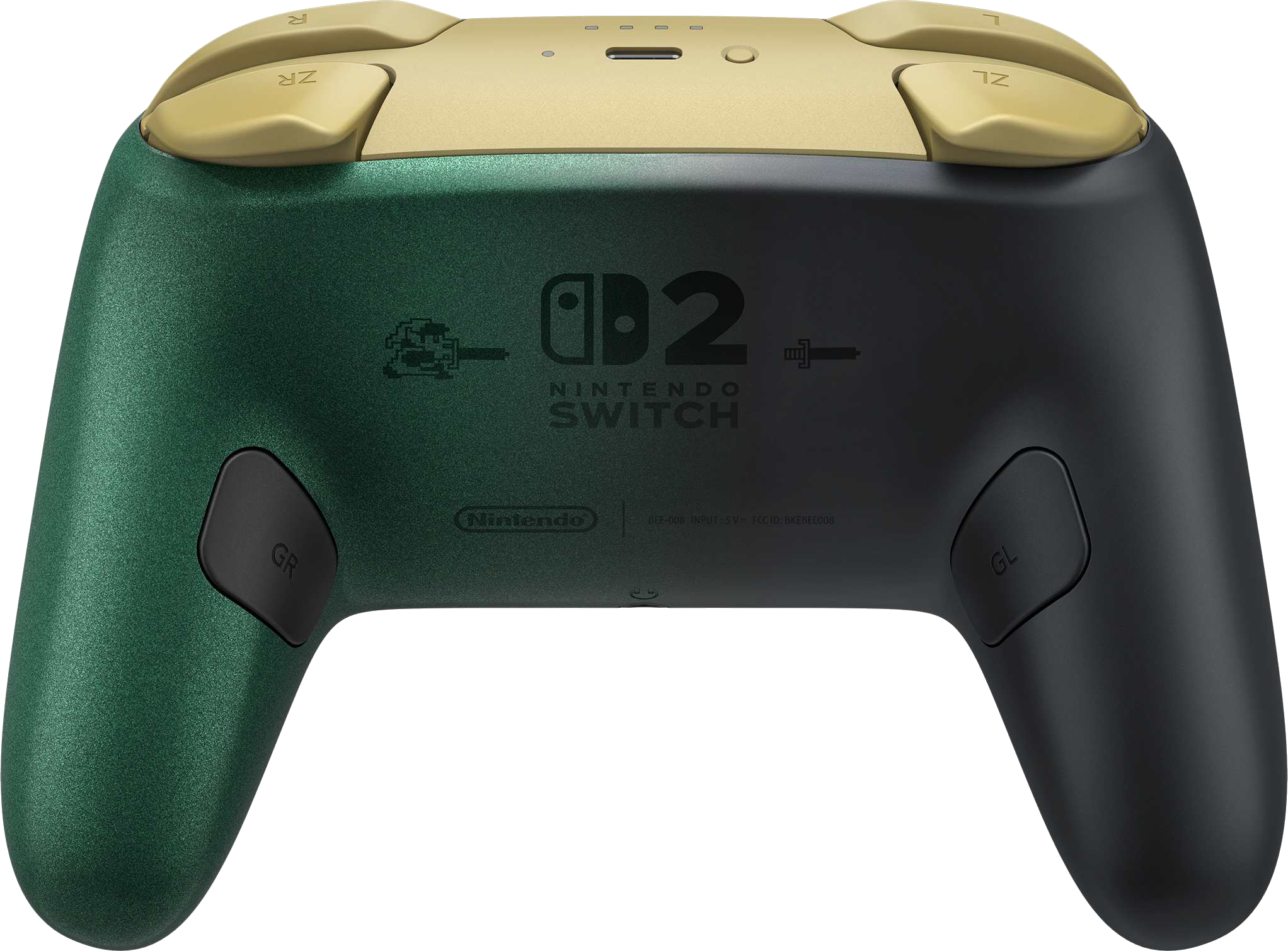 Rückseite eines Nintendo Switch 2 Controllers mit grünem und schwarzem Design und goldenen oberen Tasten.