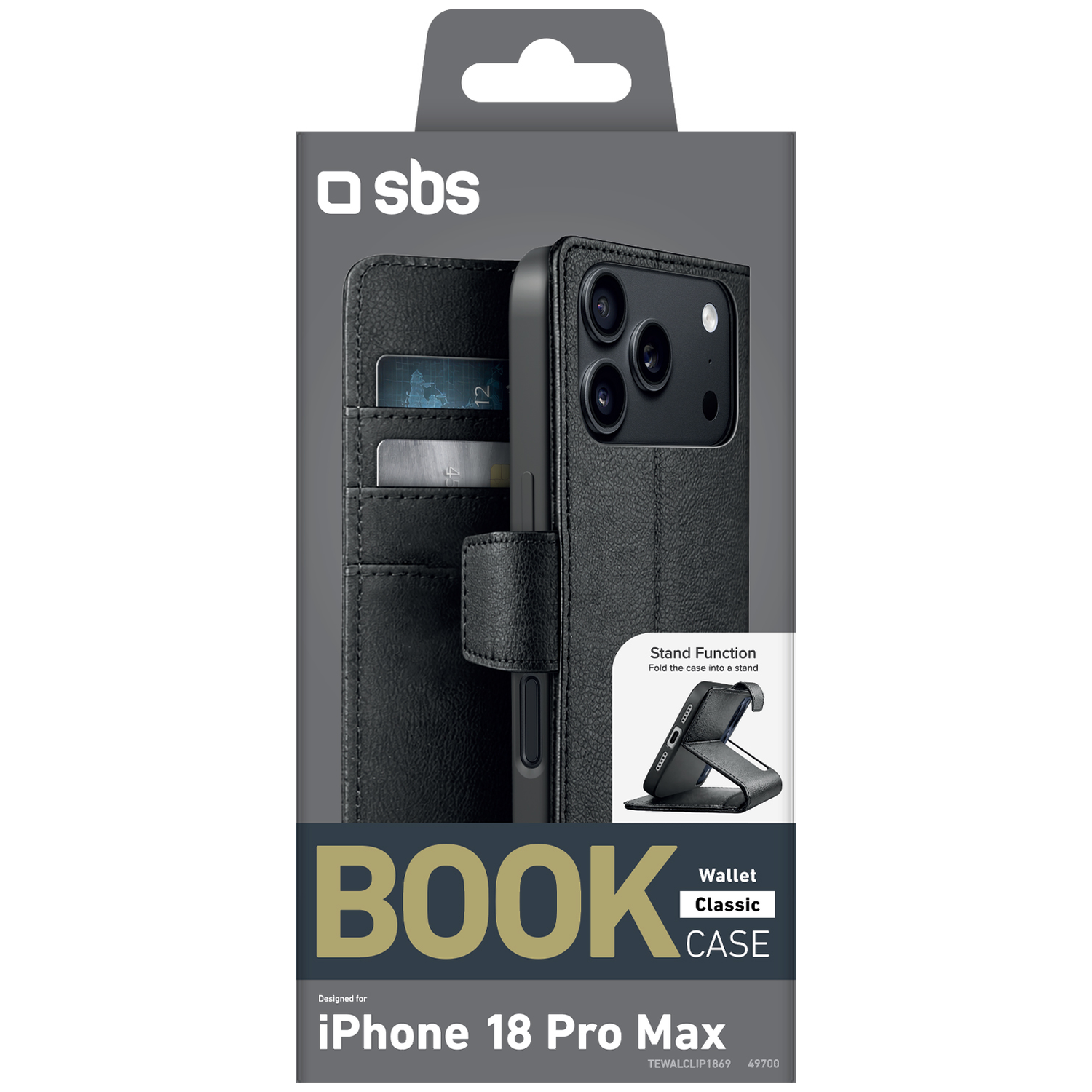 Étui portefeuille noir SBS en cuir avec fentes pour cartes et fonction support pour iPhone 18 Pro Max.
