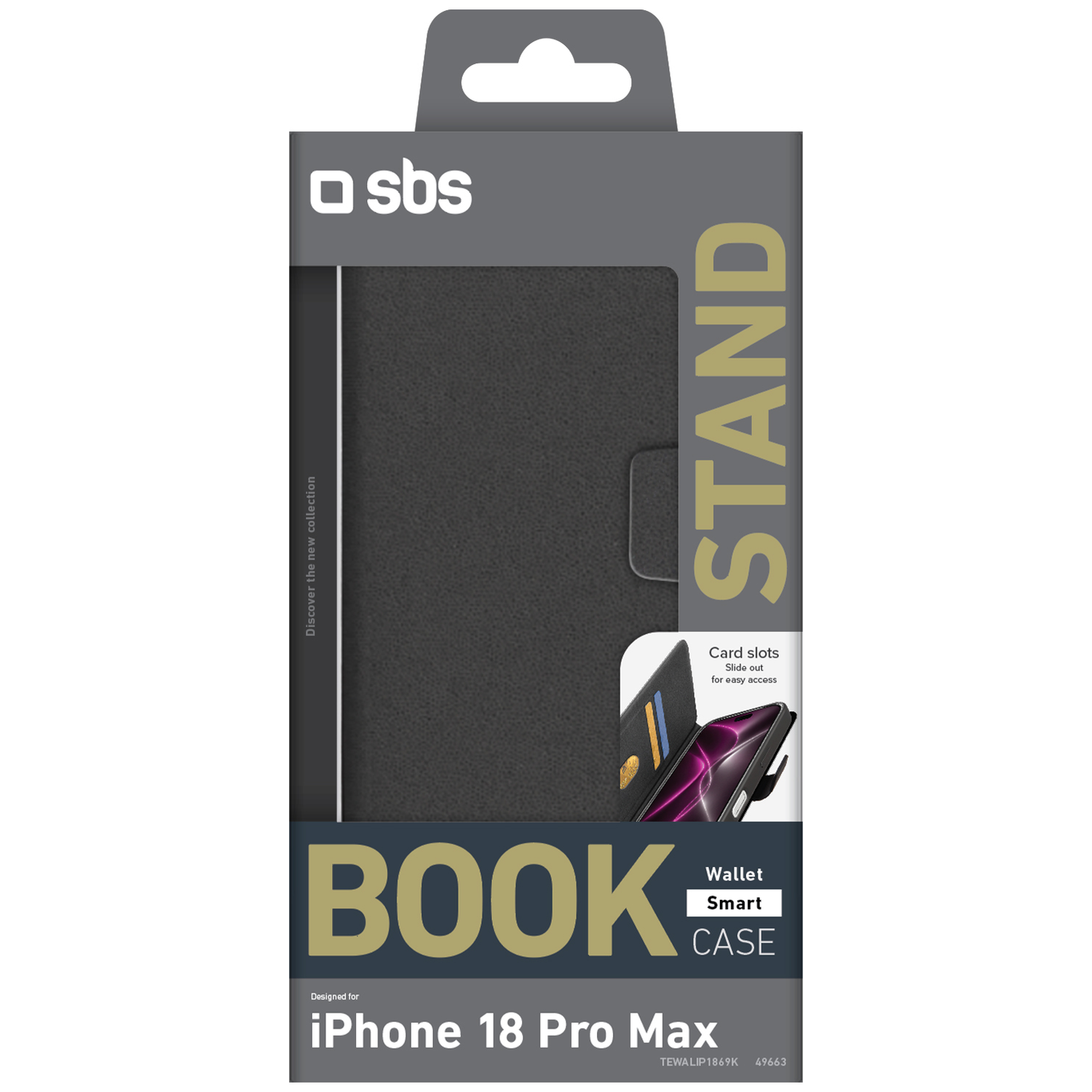 Emballage gris SBS Book Wallet Smart Case pour iPhone 18 Pro Max avec fonction support et fentes pour cartes.
