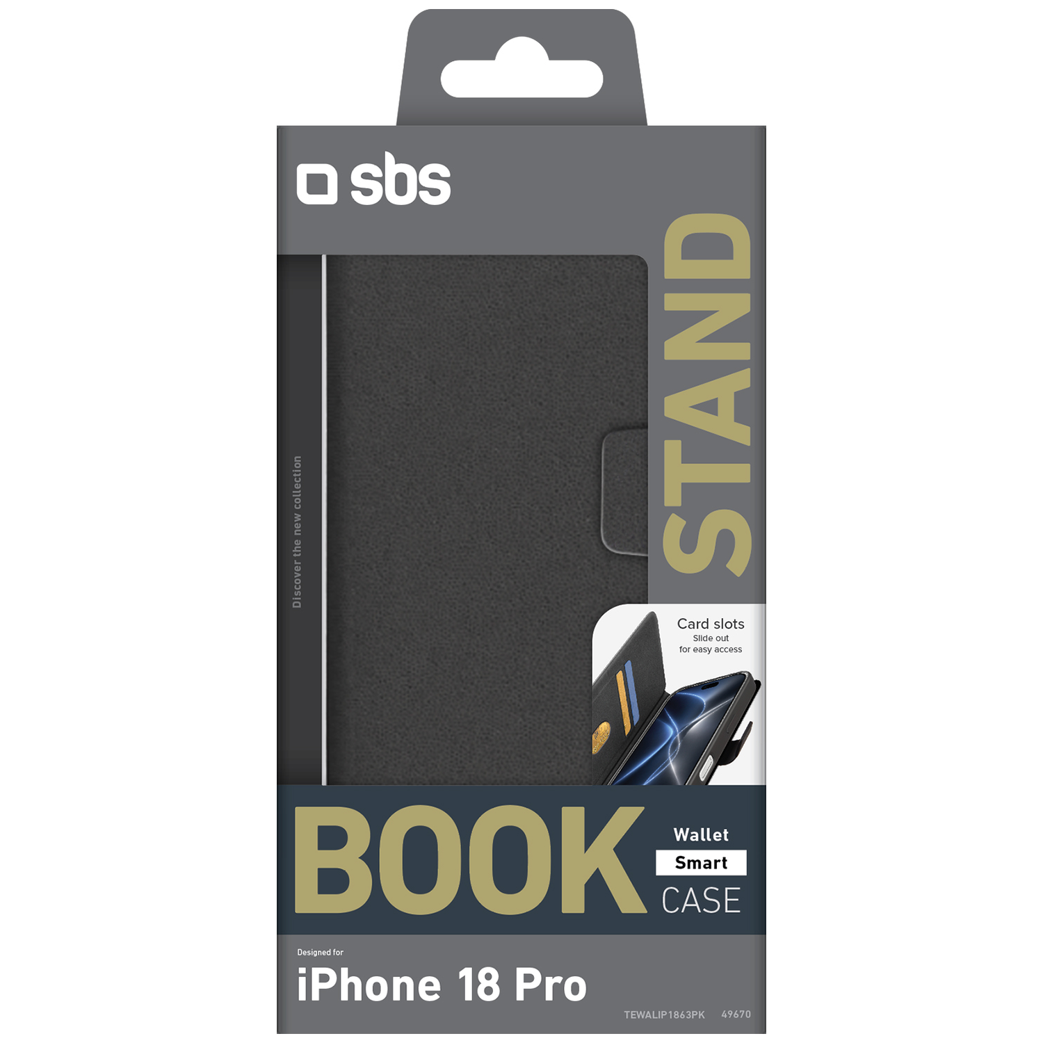 Emballage pour un étui portefeuille noir SBS Book Stand pour iPhone 18 Pro.
