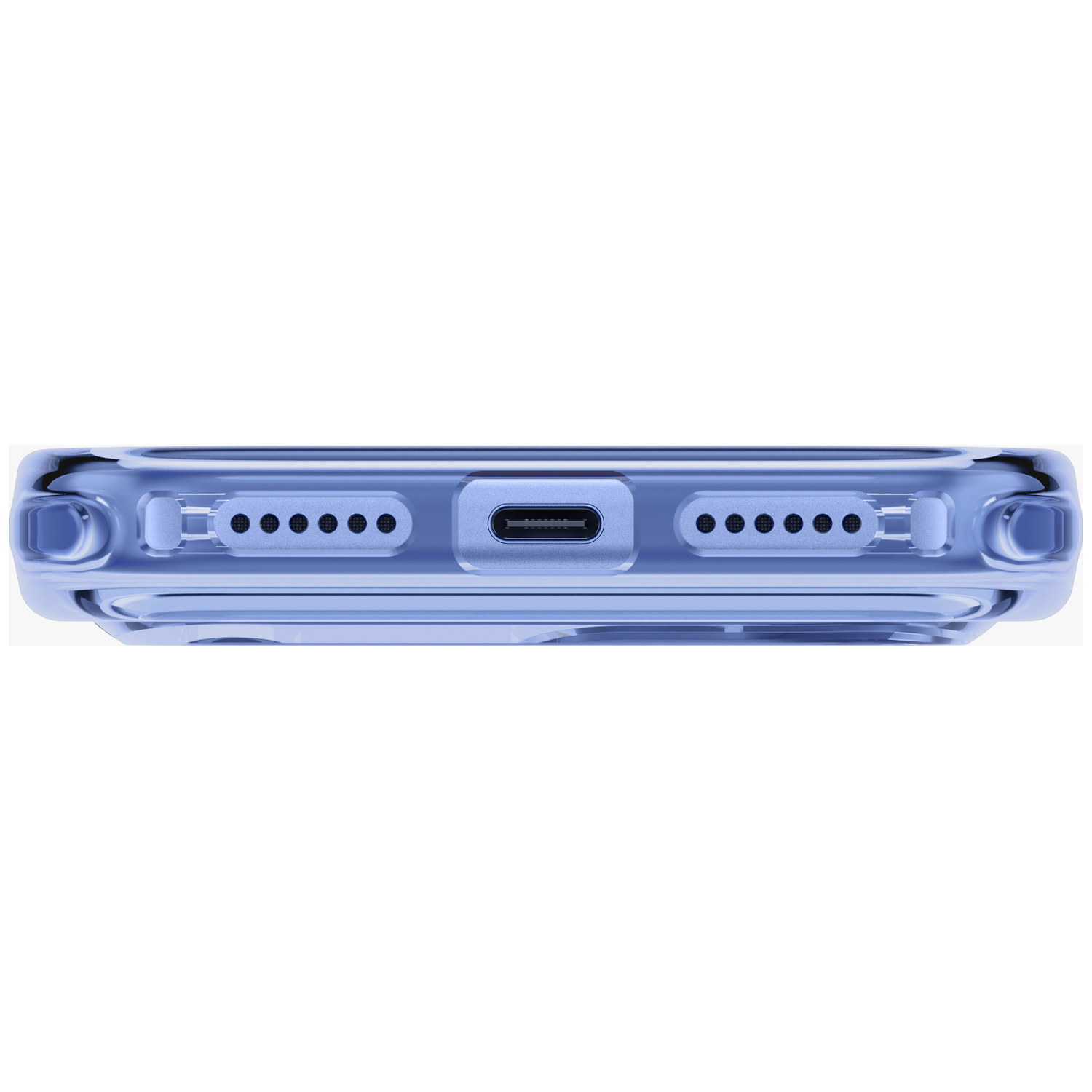 Vue du bas d'un smartphone bleu avec un port USB-C central et des grilles de haut-parleur sur fond blanc.