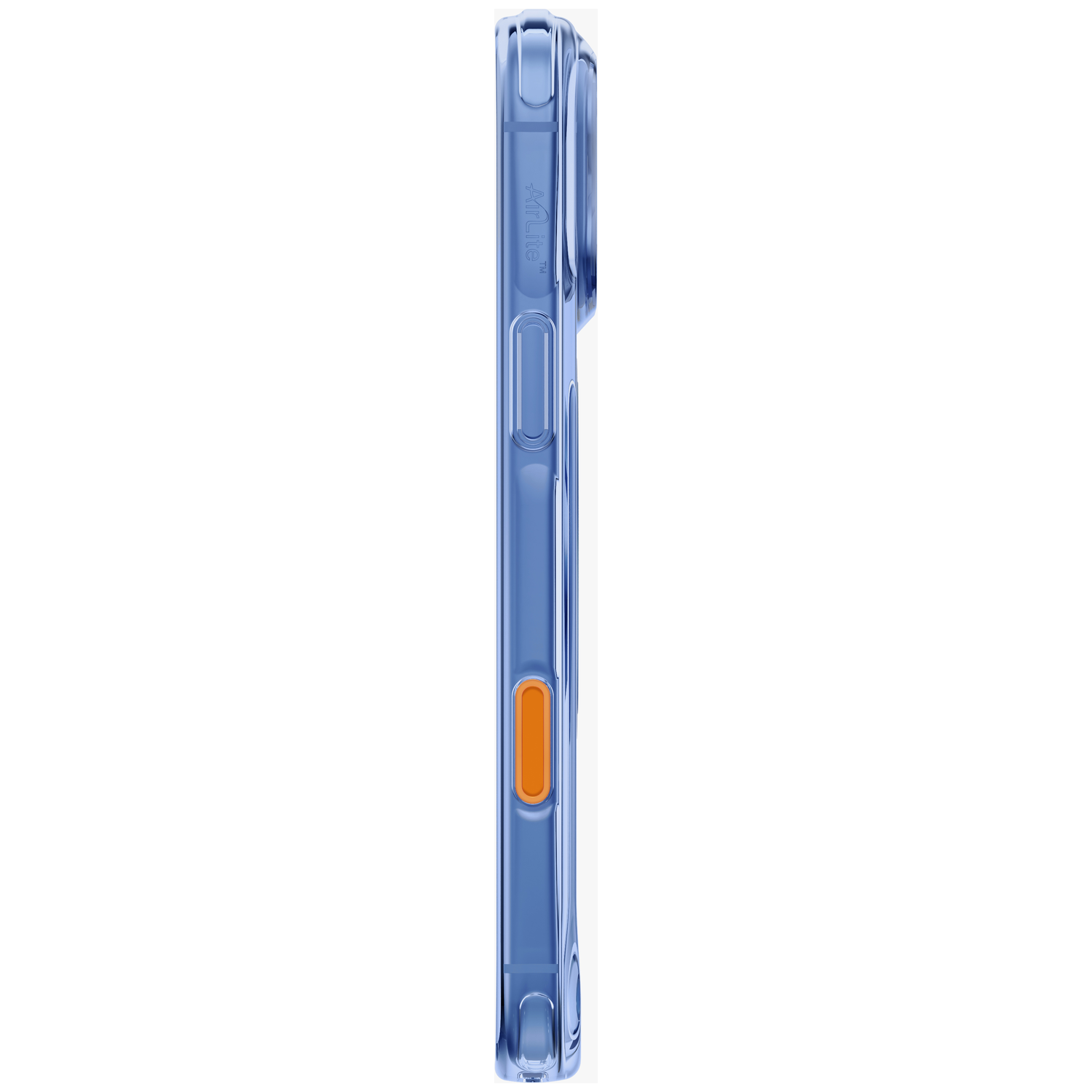 Vue latérale d'une coque de téléphone transparente bleue montrant les boutons de volume et un bouton d'action orange.