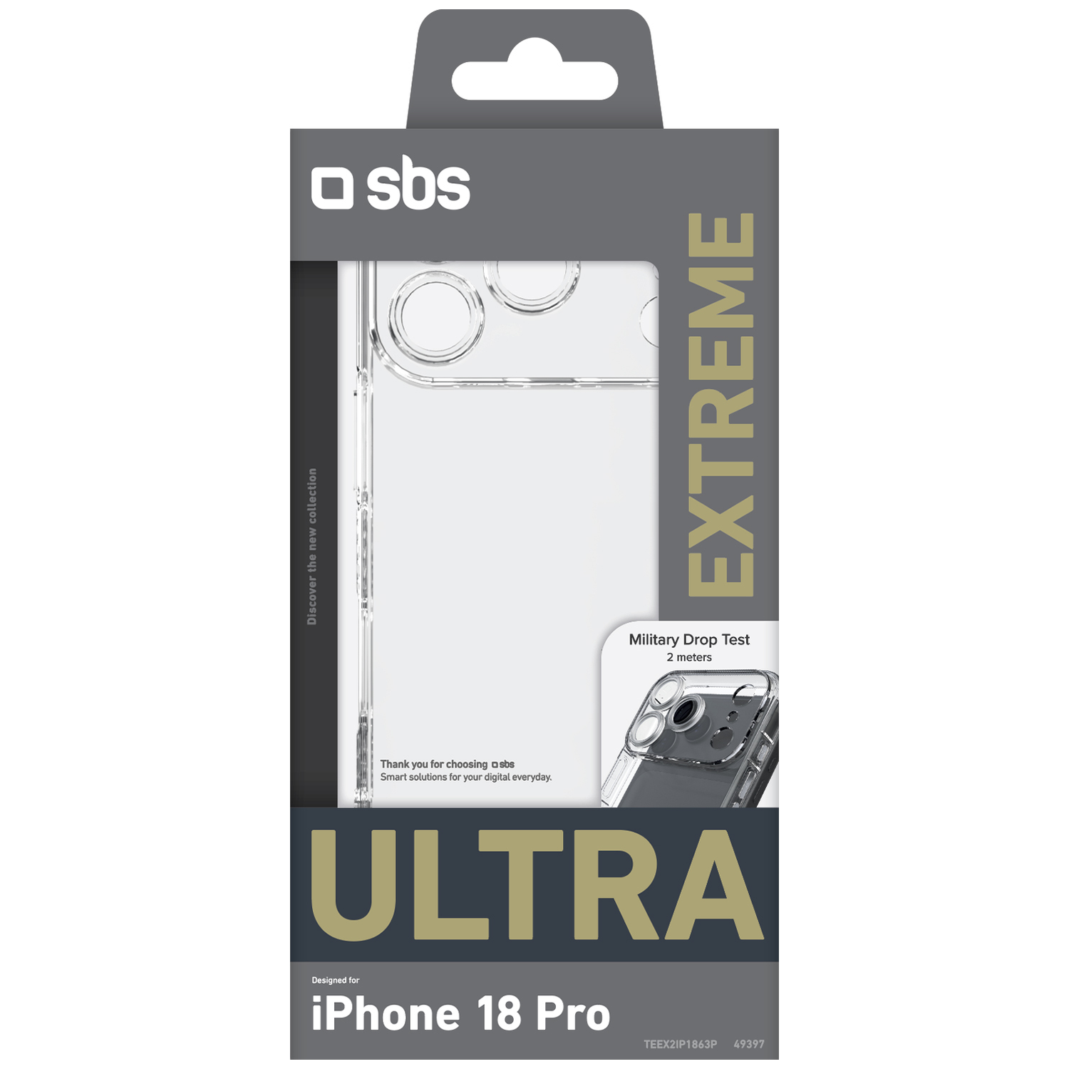 Emballage pour coque transparente SBS Ultra Extreme pour iPhone 18 Pro, soulignant la protection contre les chutes.