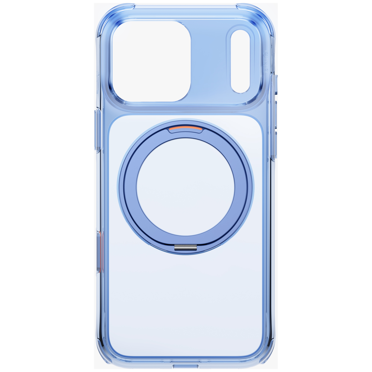 Coque de téléphone bleue transparente avec un anneau magnétique circulaire à l'arrière.