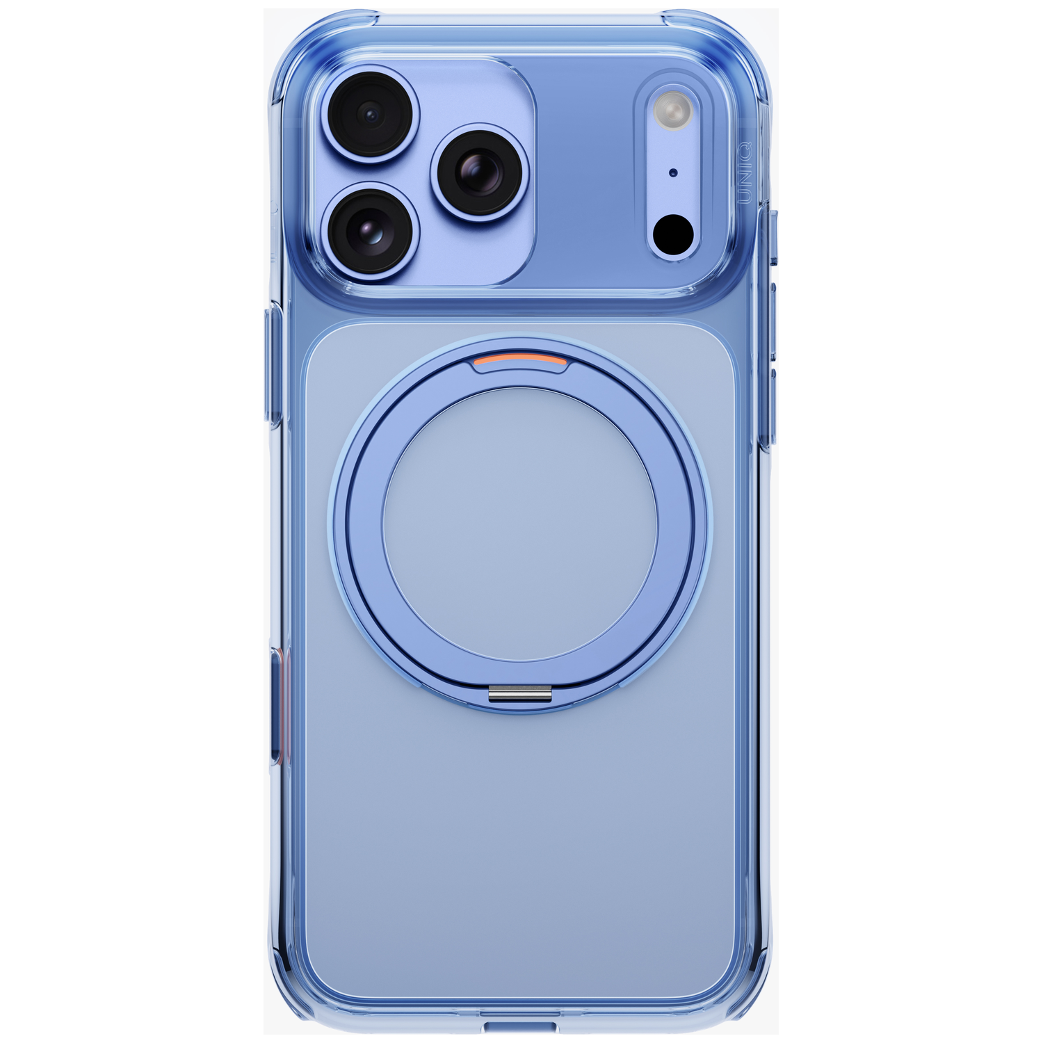 Coque de protection bleue pour smartphone avec anneau MagSafe intégré et découpe pour l'appareil photo.