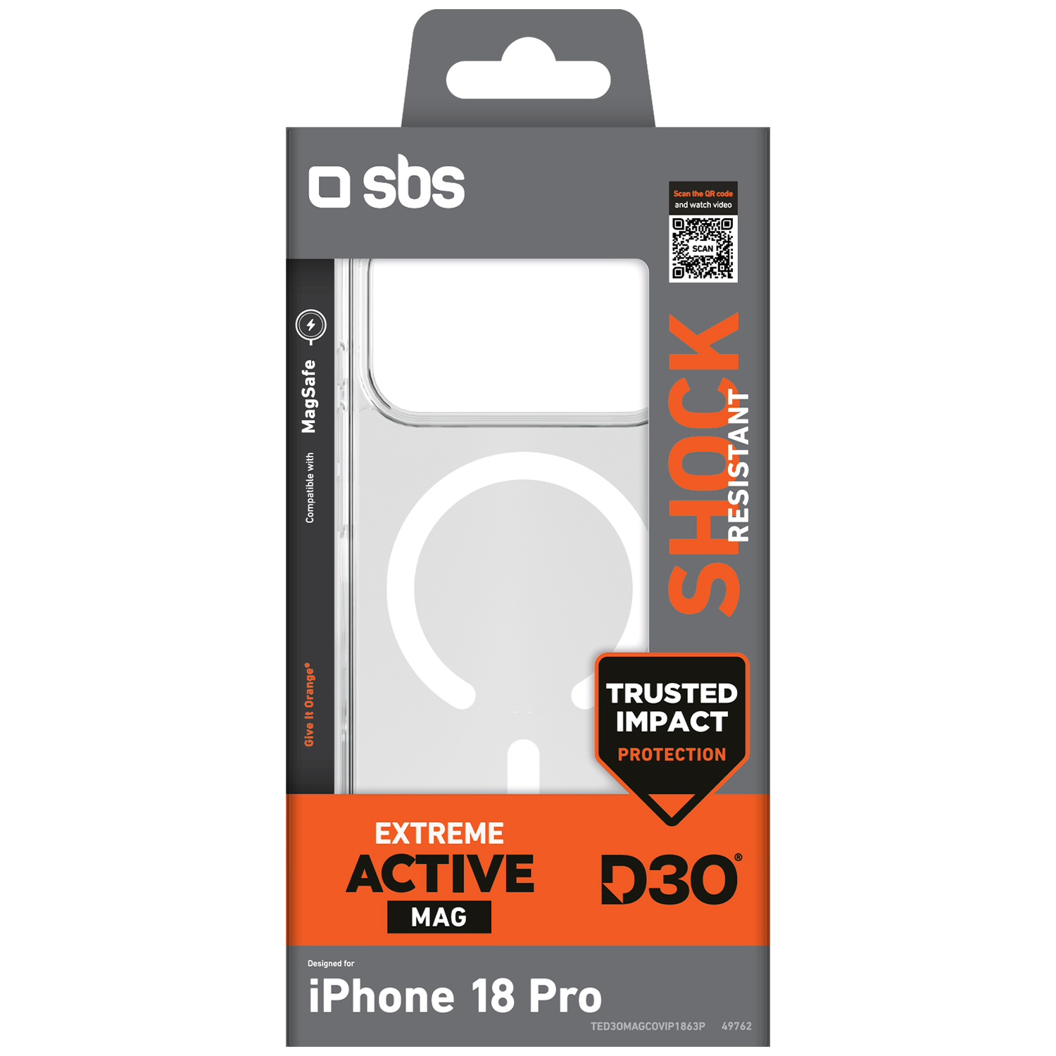 Verpakking voor een schokbestendige iPhone 18 Pro hoesje met MagSafe in grijs en oranje.