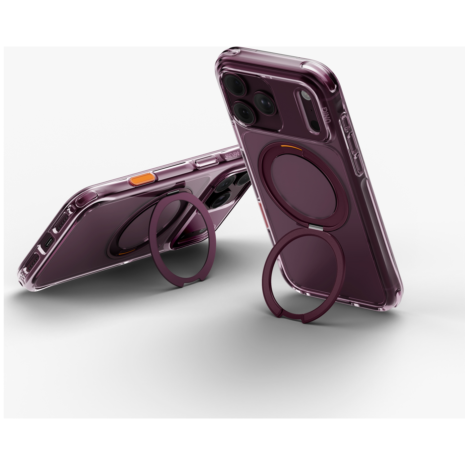 Deux smartphones violets dans des coques transparentes avec anneaux pliables intégrés sur fond clair.