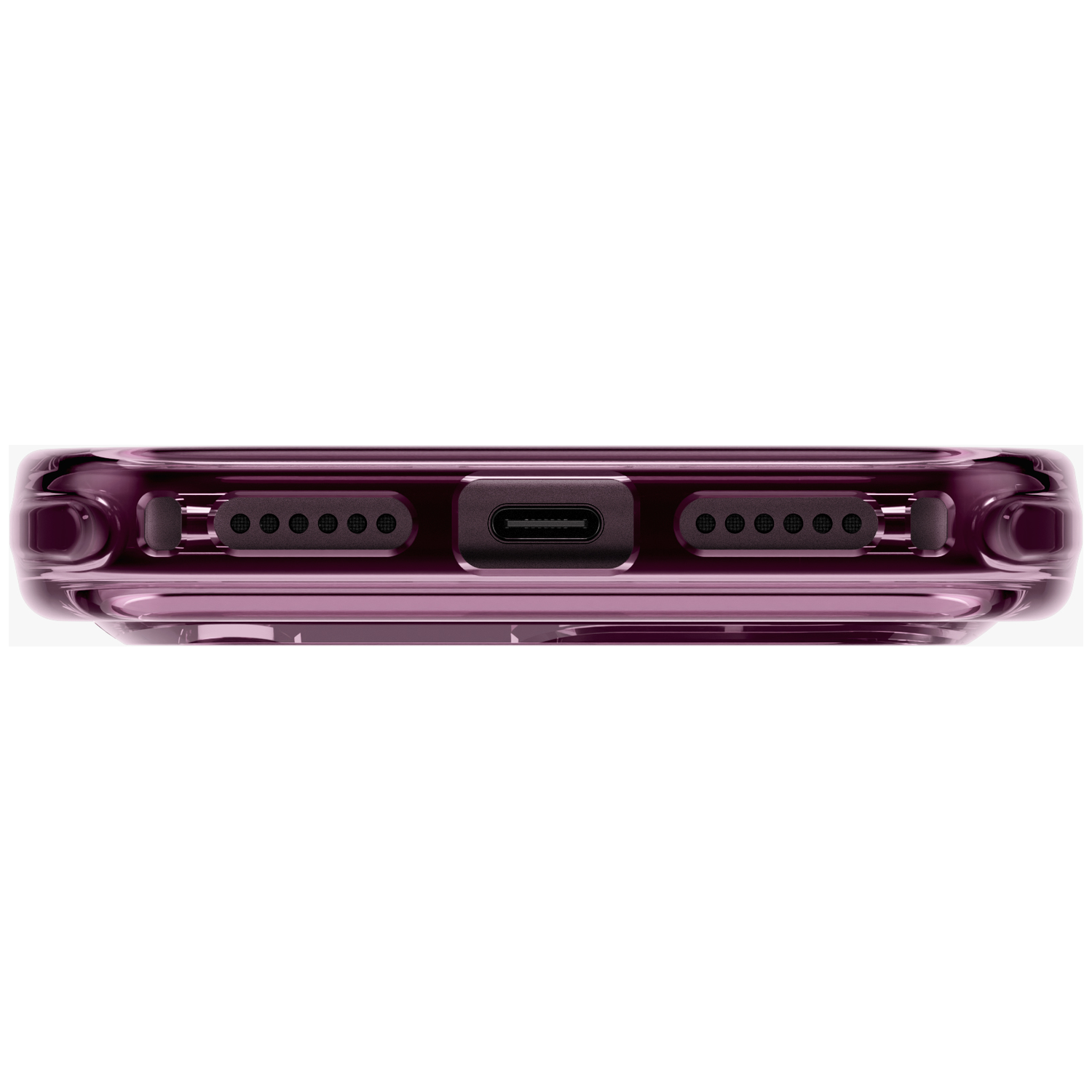 Vue de dessous d'un smartphone violet montrant un port USB-C et des grilles de haut-parleur sur fond blanc.