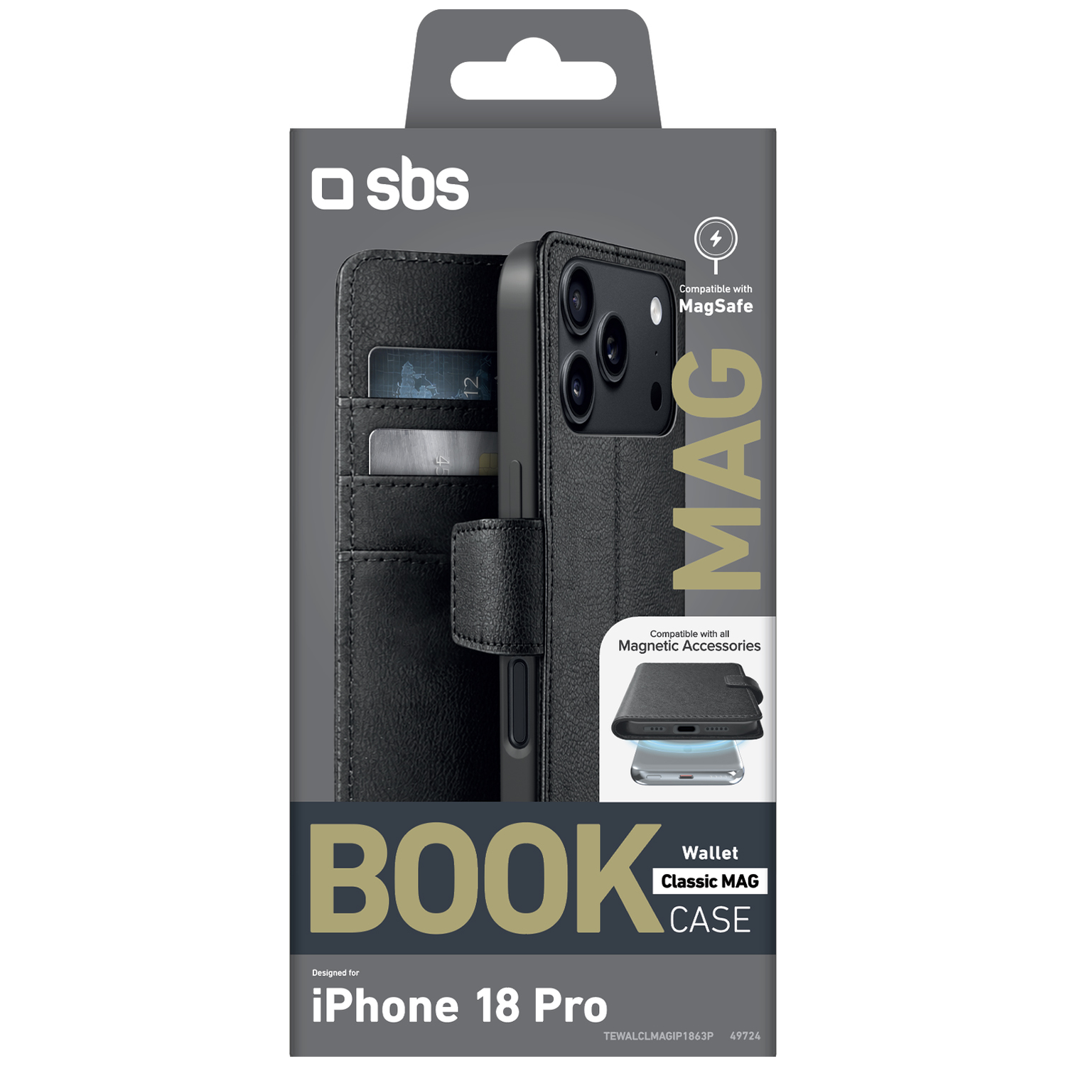Étui SBS Book Wallet Classic MAG pour iPhone 18 Pro en similicuir noir avec emplacements pour cartes.