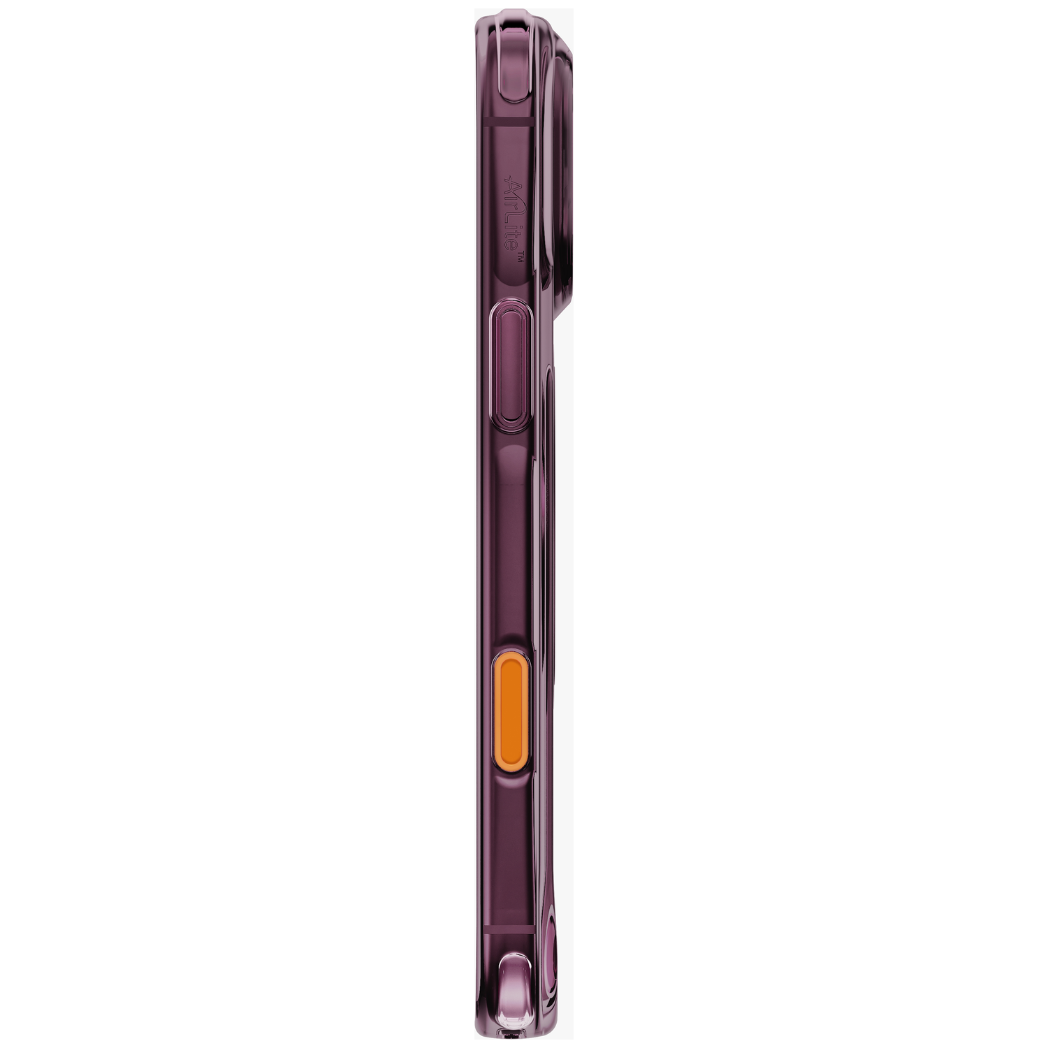 Vue latérale d'une coque de smartphone violet foncé avec un bouton orange et du texte de marque en relief.