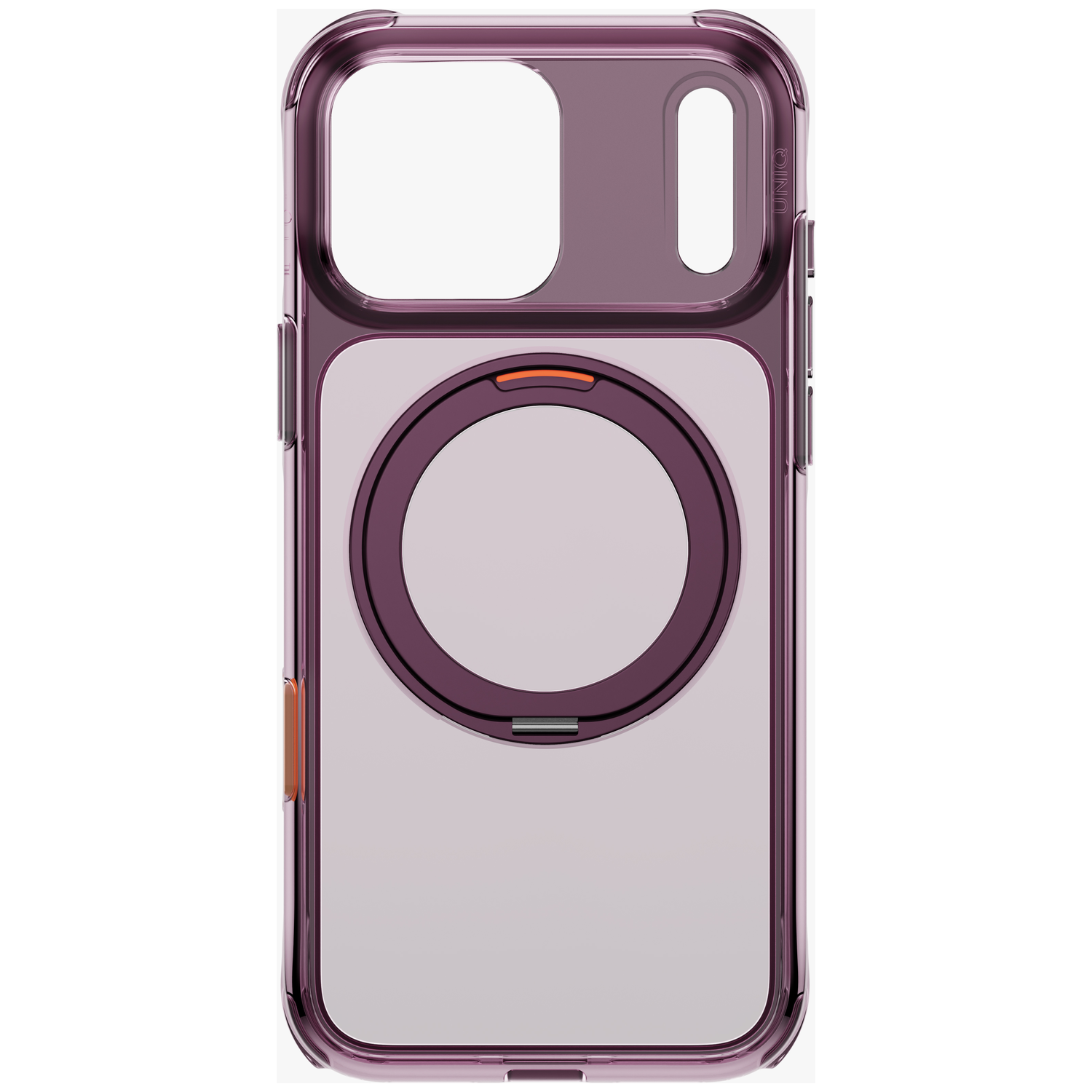 Une coque de smartphone transparente et violette avec un anneau magnétique circulaire intégré à l'arrière.