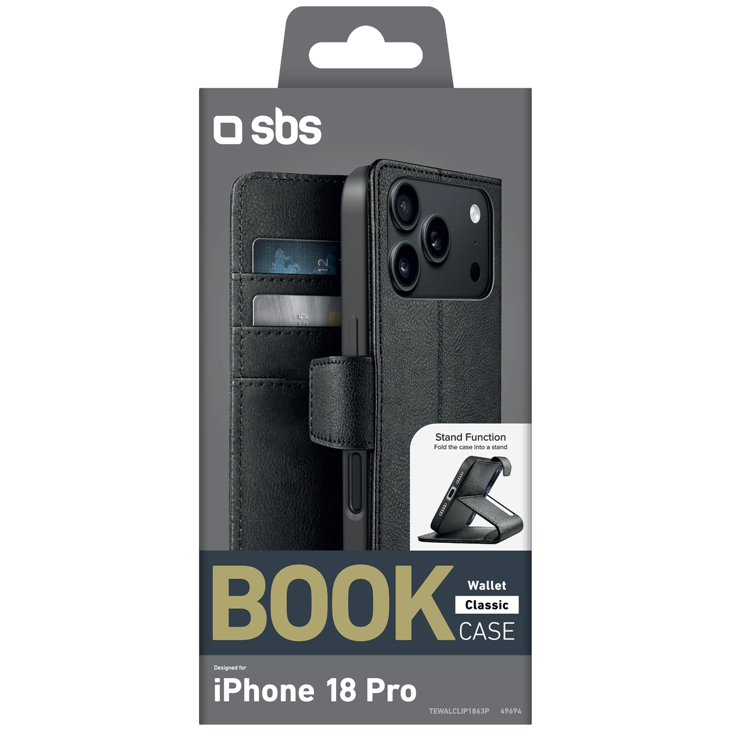 Verpakking van een zwarte SBS Book Wallet Classic telefoonhoes voor iPhone 18 Pro met standfunctie.