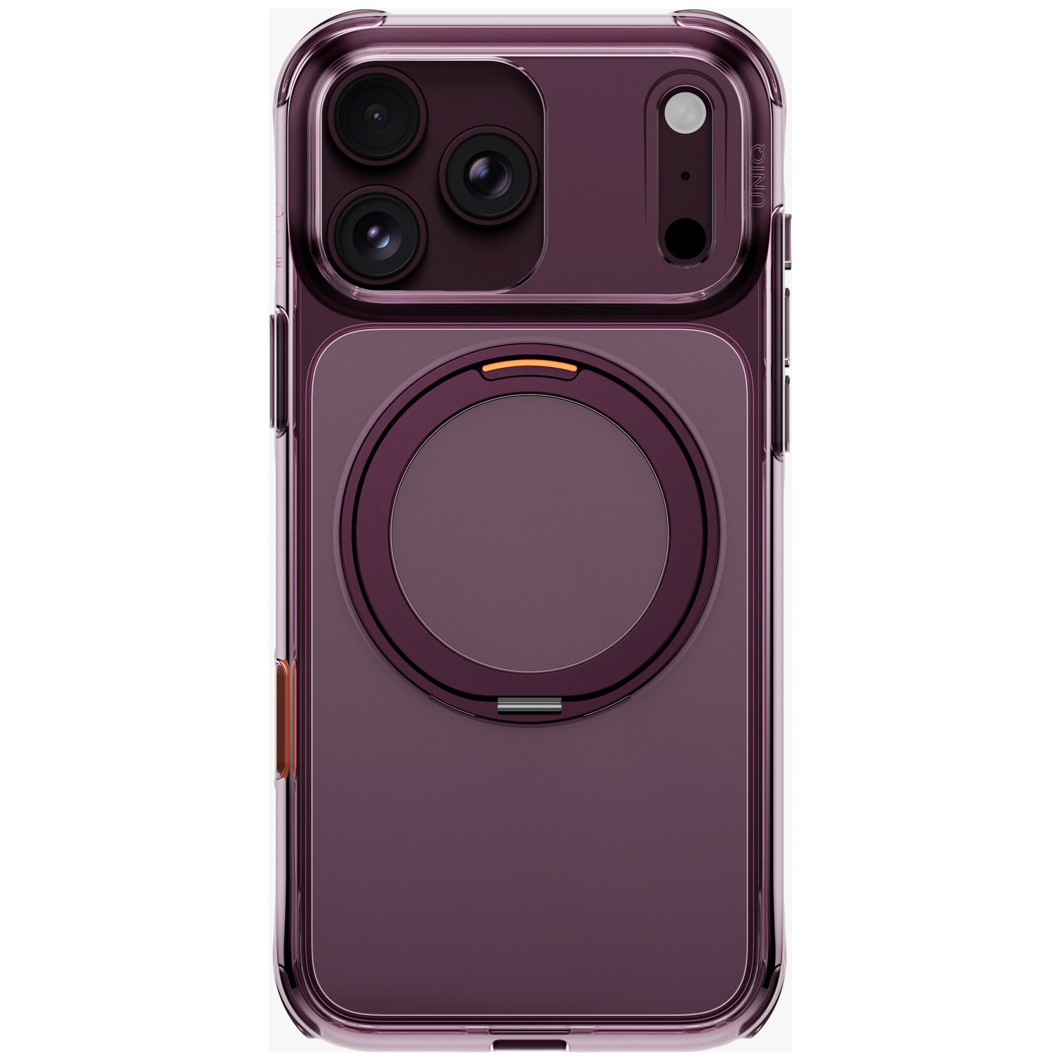 Vue arrière d'une coque de protection pour smartphone violet foncé avec anneau MagSafe intégré.