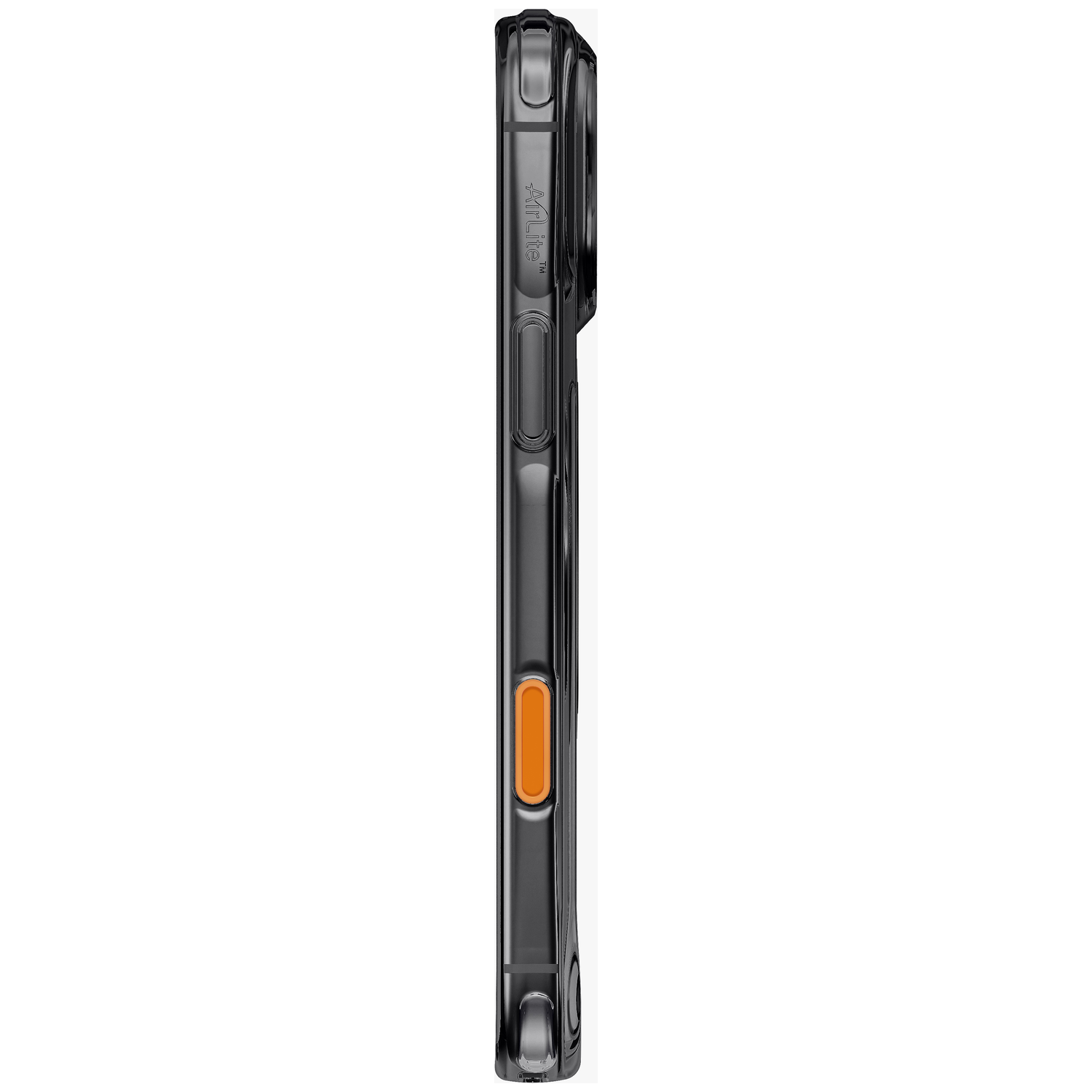 Vue latérale d'une coque de téléphone noire avec un bouton orange.
