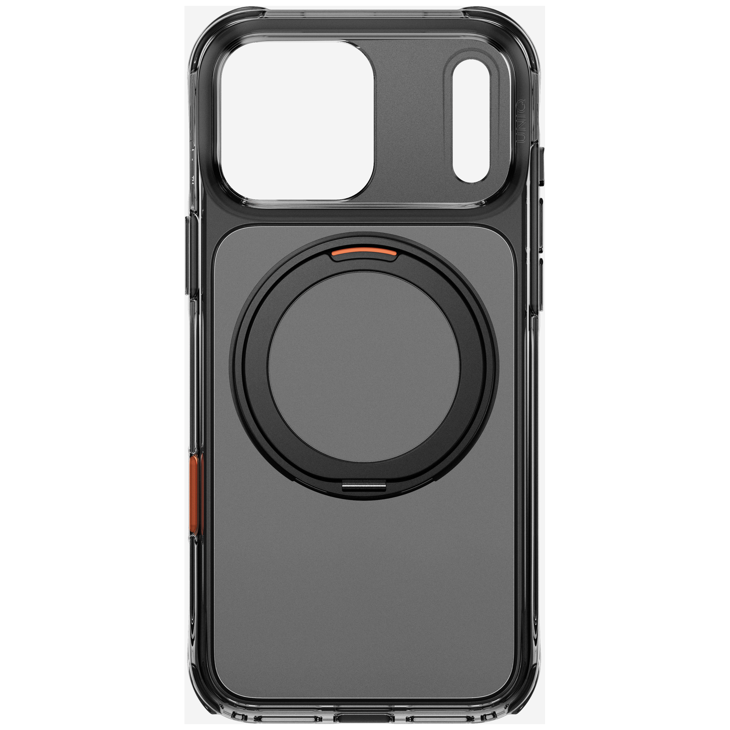 Coque de smartphone noire et robuste avec un anneau magnétique rond à l'arrière.