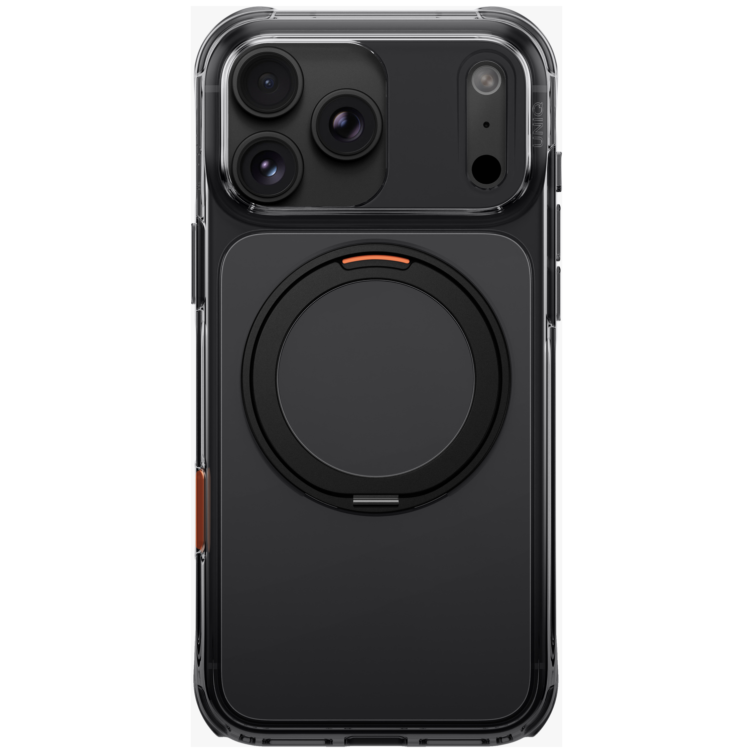 Arrière d'une coque de protection noire pour smartphone avec découpe pour appareil photo et anneau magnétique.