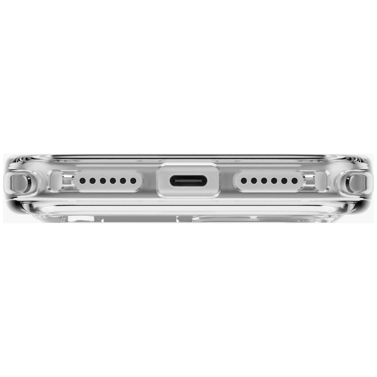 Bas d'un smartphone avec une coque de protection transparente, un port USB-C et deux haut-parleurs.