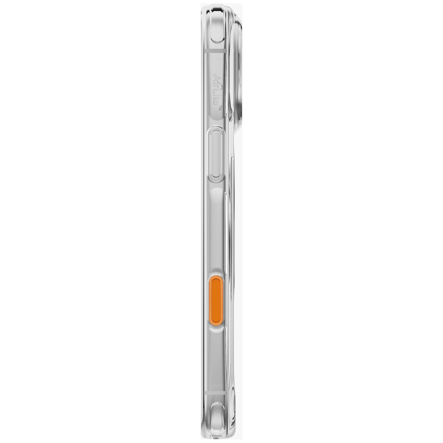 Vue latérale d'une coque de téléphone transparente avec un bouton orange et la marque AirLite sur le côté gauche.