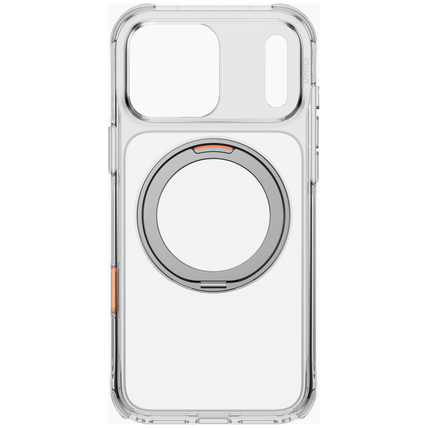 Coque de téléphone transparente avec support circulaire intégré et découpe pour appareil photo sur fond blanc.