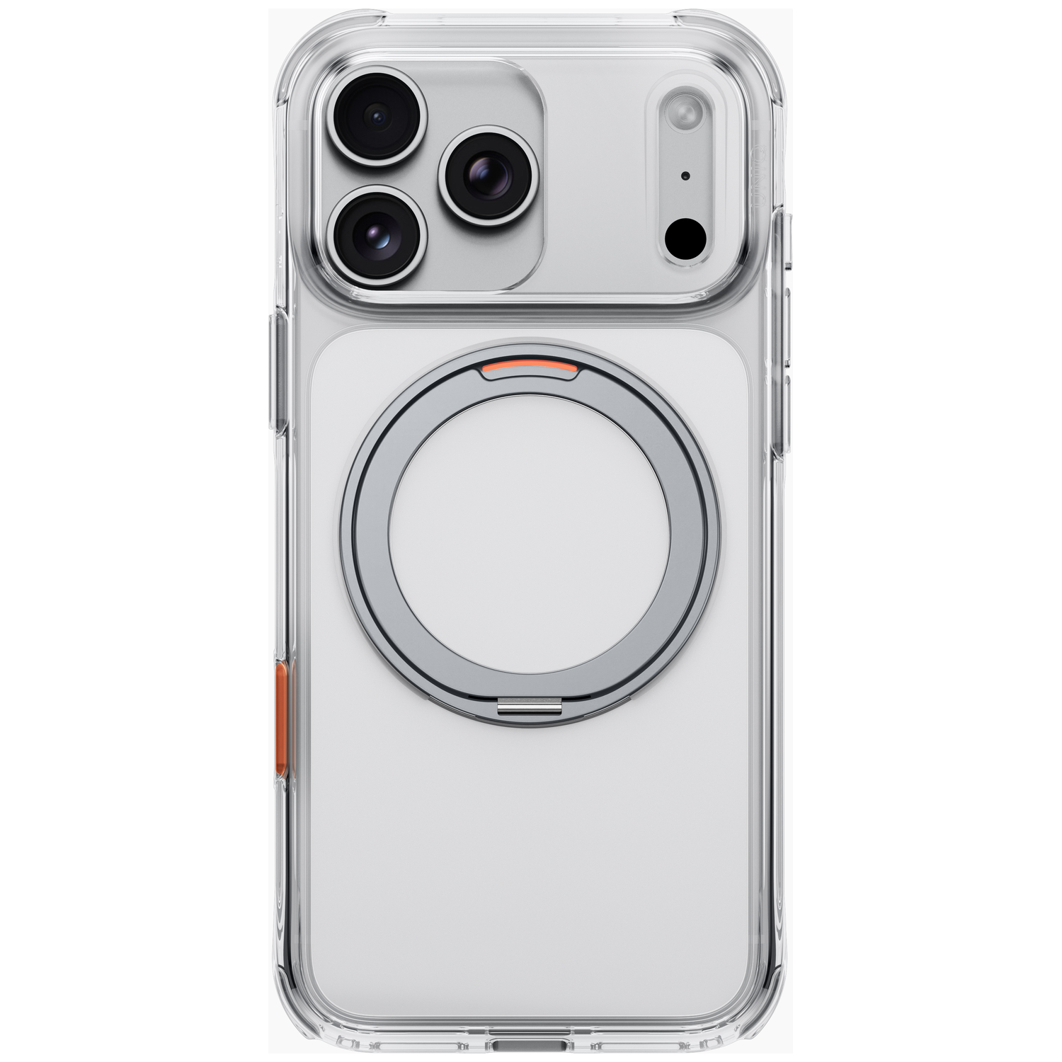 Coque de téléphone transparente sur un smartphone avec trois caméras et un support circulaire à l'arrière.