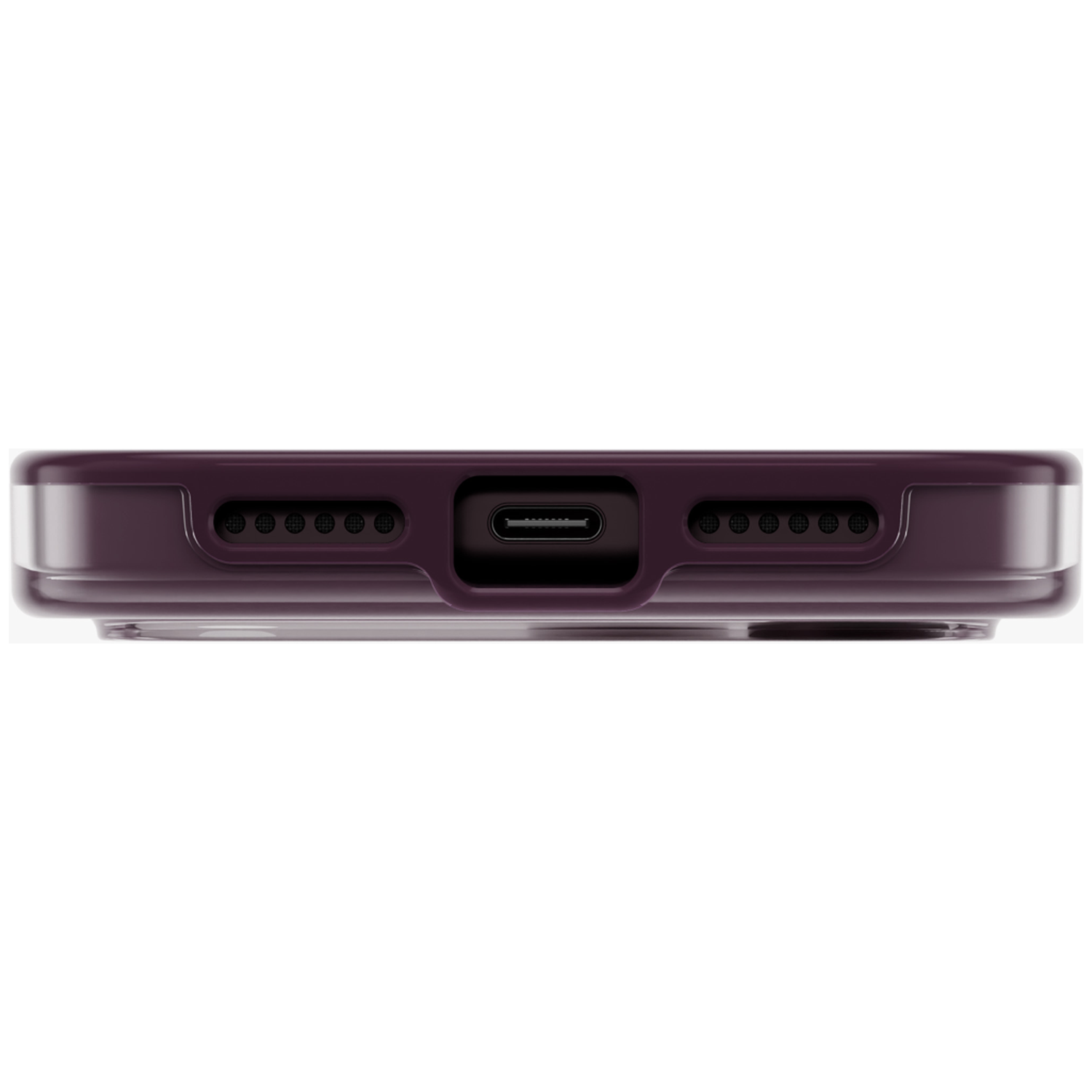 Onderaanzicht van een paarse smartphone met USB-C-poort en luidsprekers.