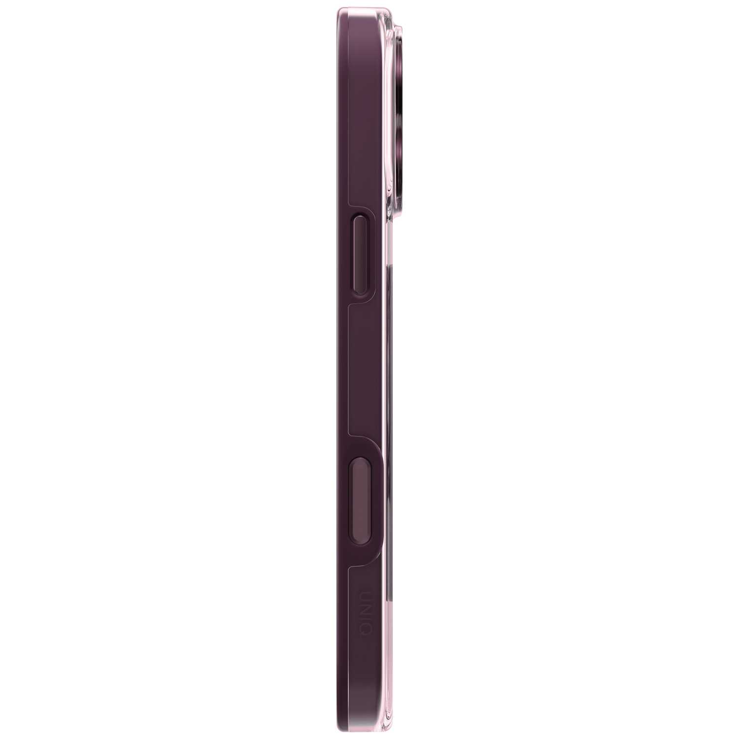 Zijaanzicht van een roze smartphone in een doorzichtige beschermhoes op een witte achtergrond.