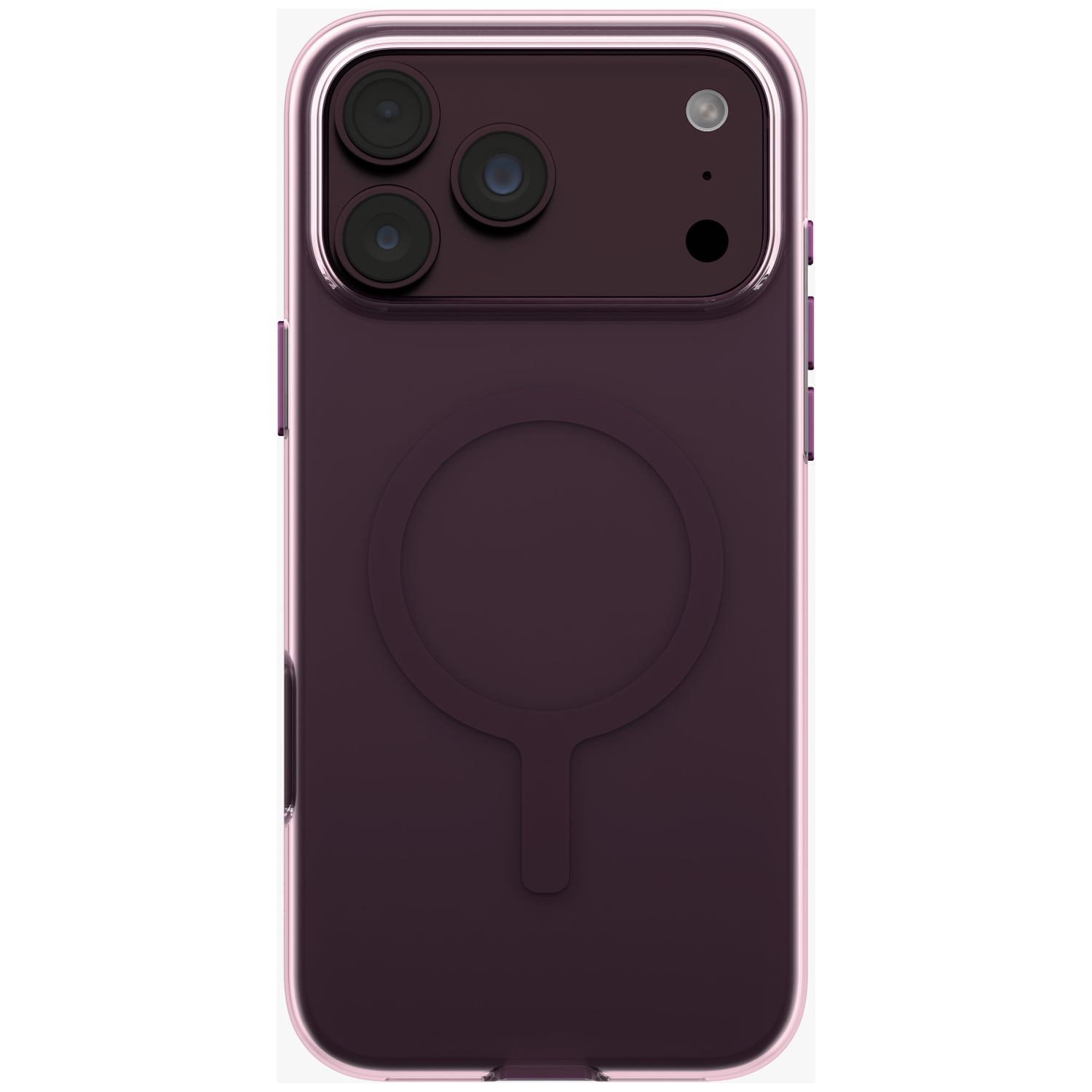Donkerpaarse smartphone in transparante roze hoes, met drie camera's en MagSafe-oplaadcirkel.