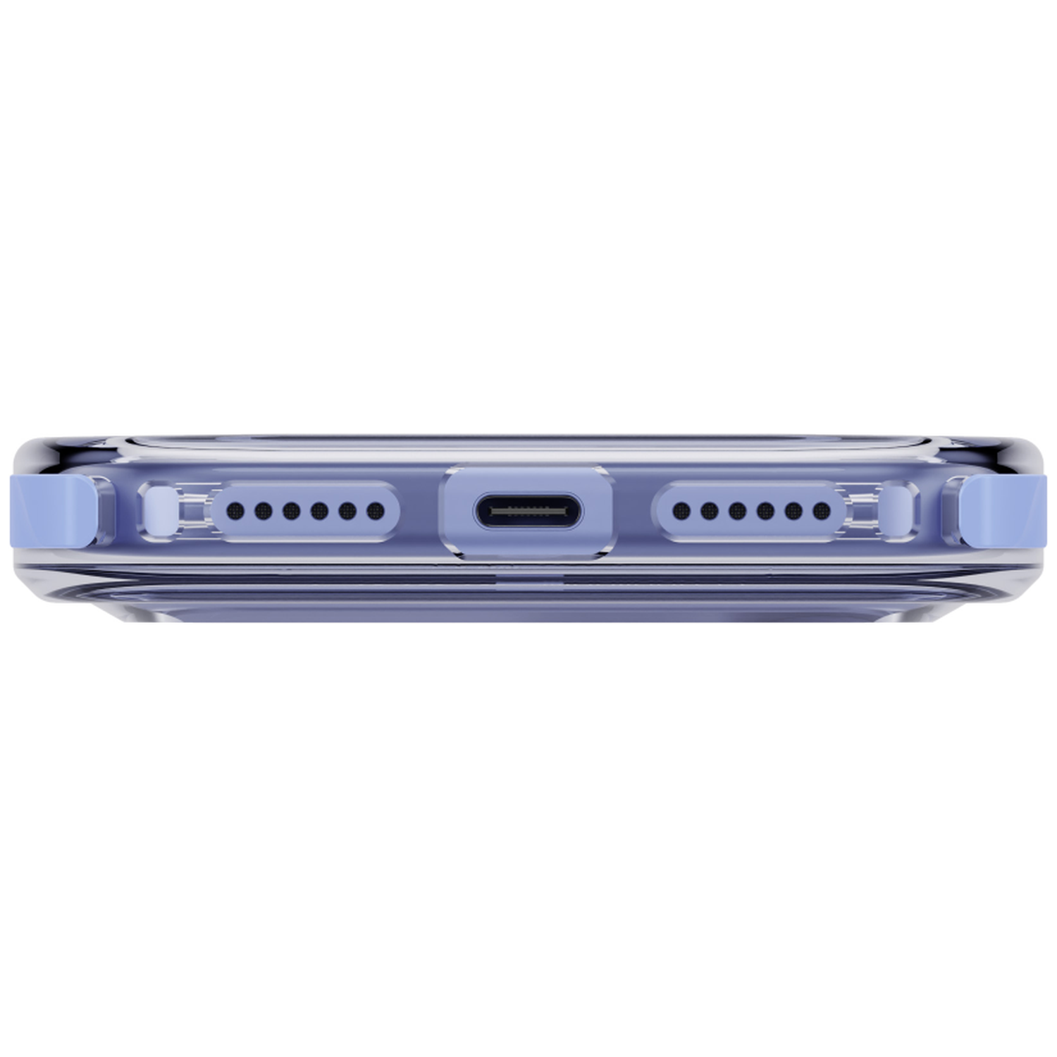 Vue de dessous d'un smartphone bleu dans une coque transparente, montrant un port USB-C et des haut-parleurs.