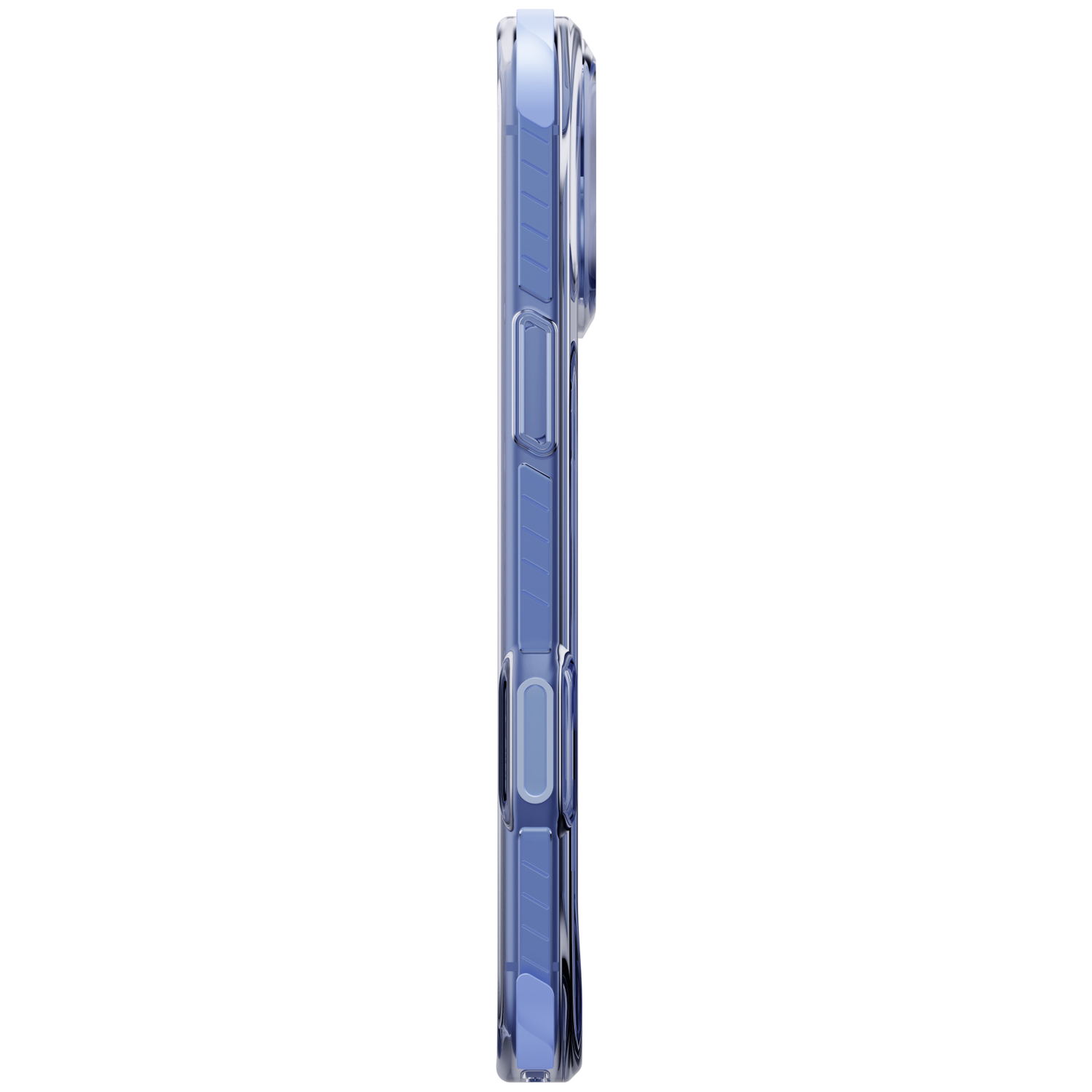 Vue latérale d'une coque de protection bleue transparente pour smartphone, avec boutons et ports visibles.