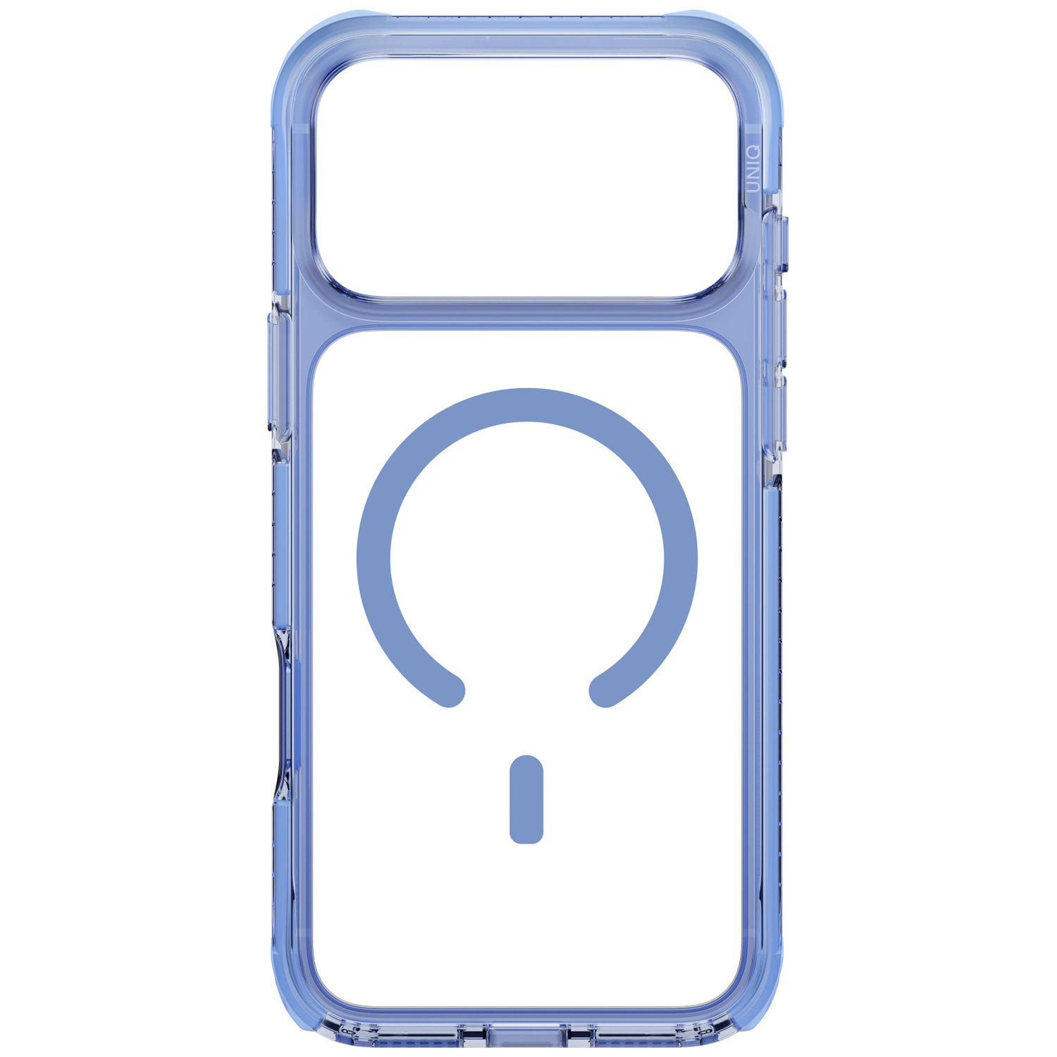 Coque de téléphone bleu transparent avec anneau MagSafe et découpe pour appareil photo sur fond blanc.
