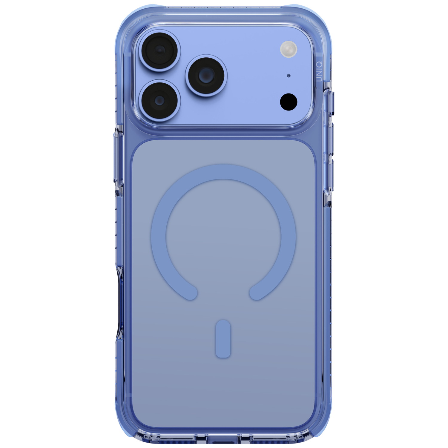 Coque de smartphone bleue avec découpes pour appareil photo visibles et symbole magnétique circulaire au dos.