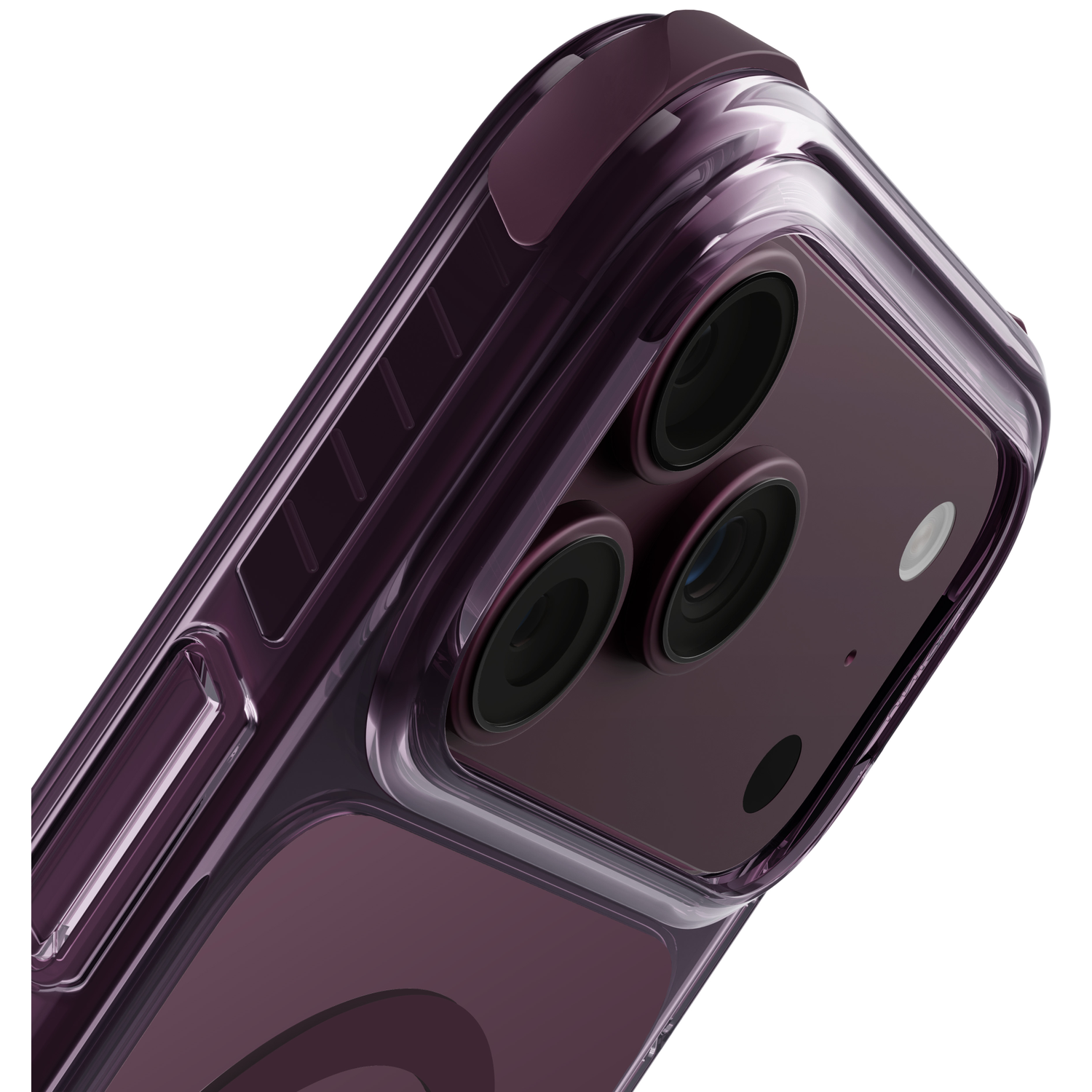 Arrière d'un smartphone violet dans une coque de protection avec trois caméras, vu en diagonale par le bas.
