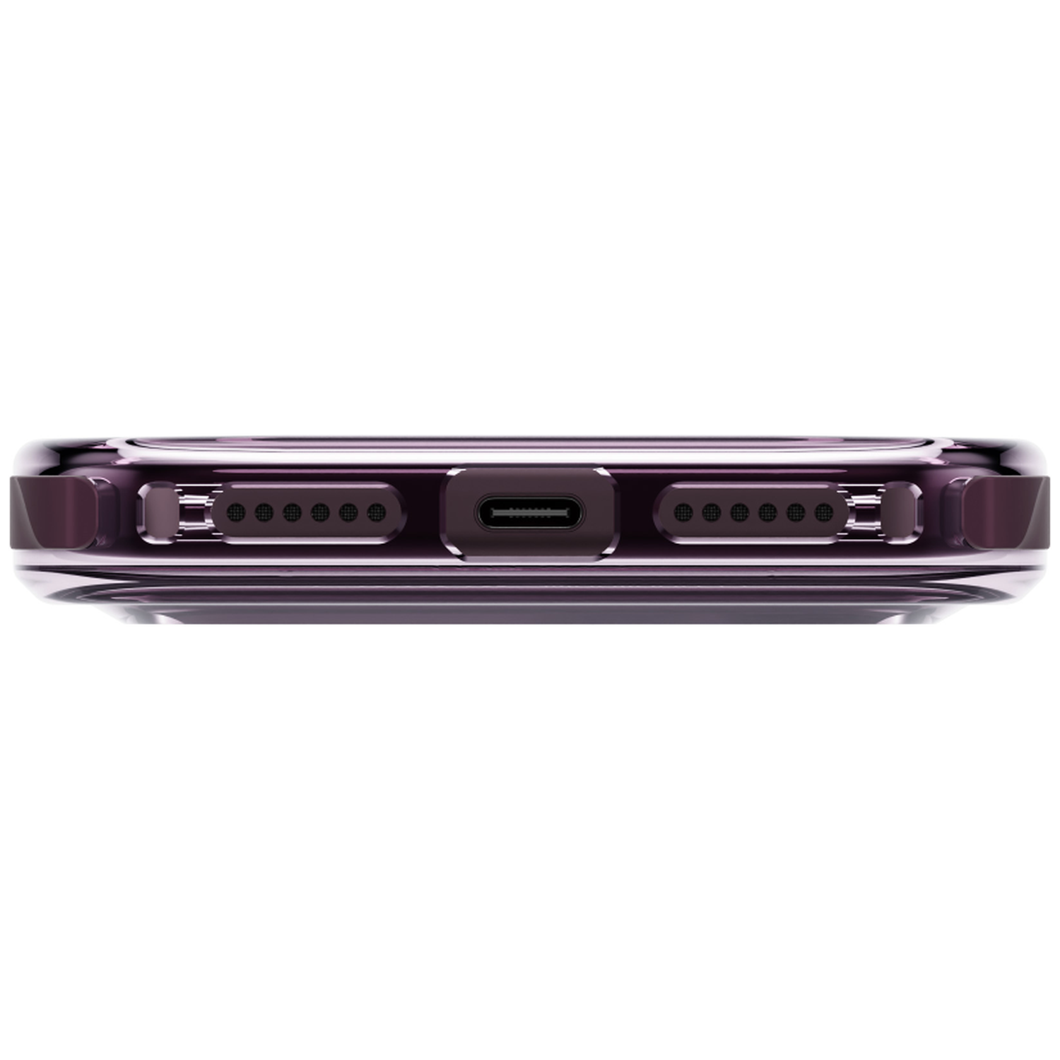 Vue du bas d'un smartphone violet avec port USB-C et haut-parleurs.