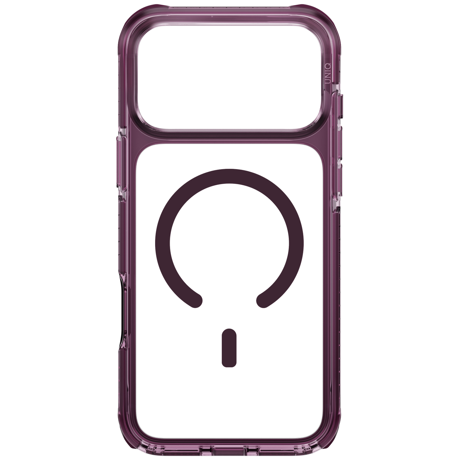 Une coque de smartphone violette transparente avec un anneau MagSafe.