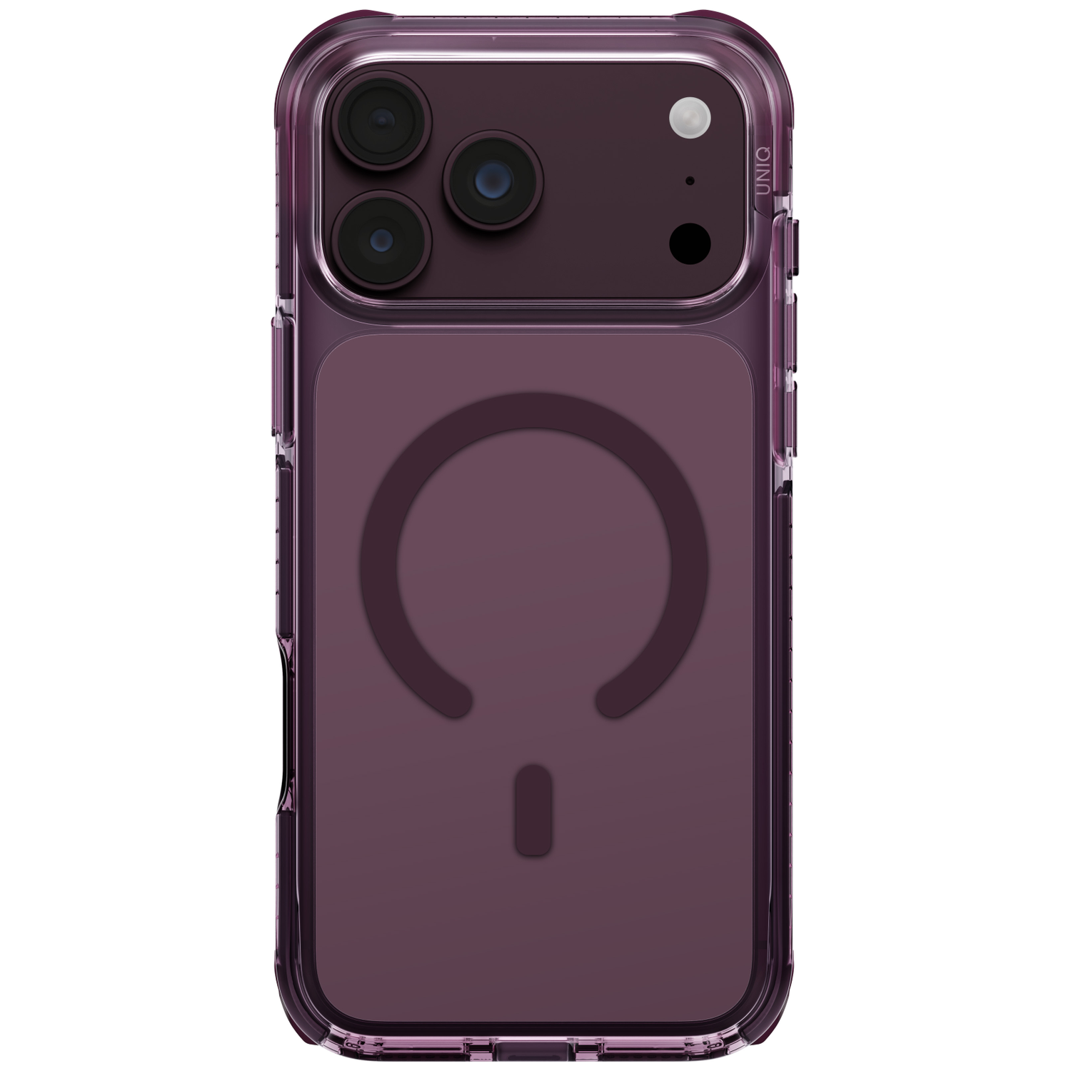 Vue arrière d'un smartphone violet foncé avec trois caméras et une icône MagSafe circulaire.