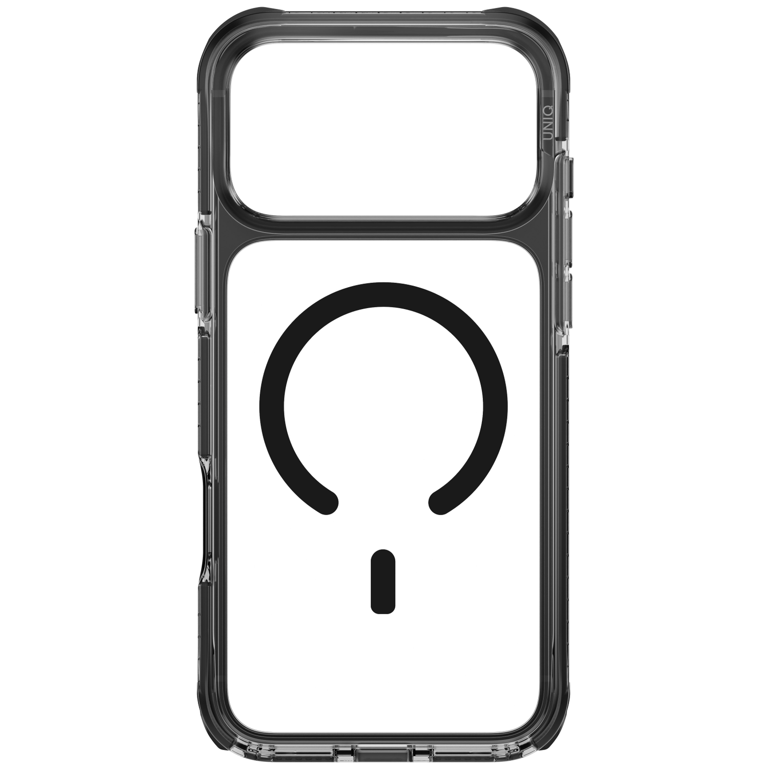 Coque de téléphone transparente avec icône MagSafe noire sur fond blanc.